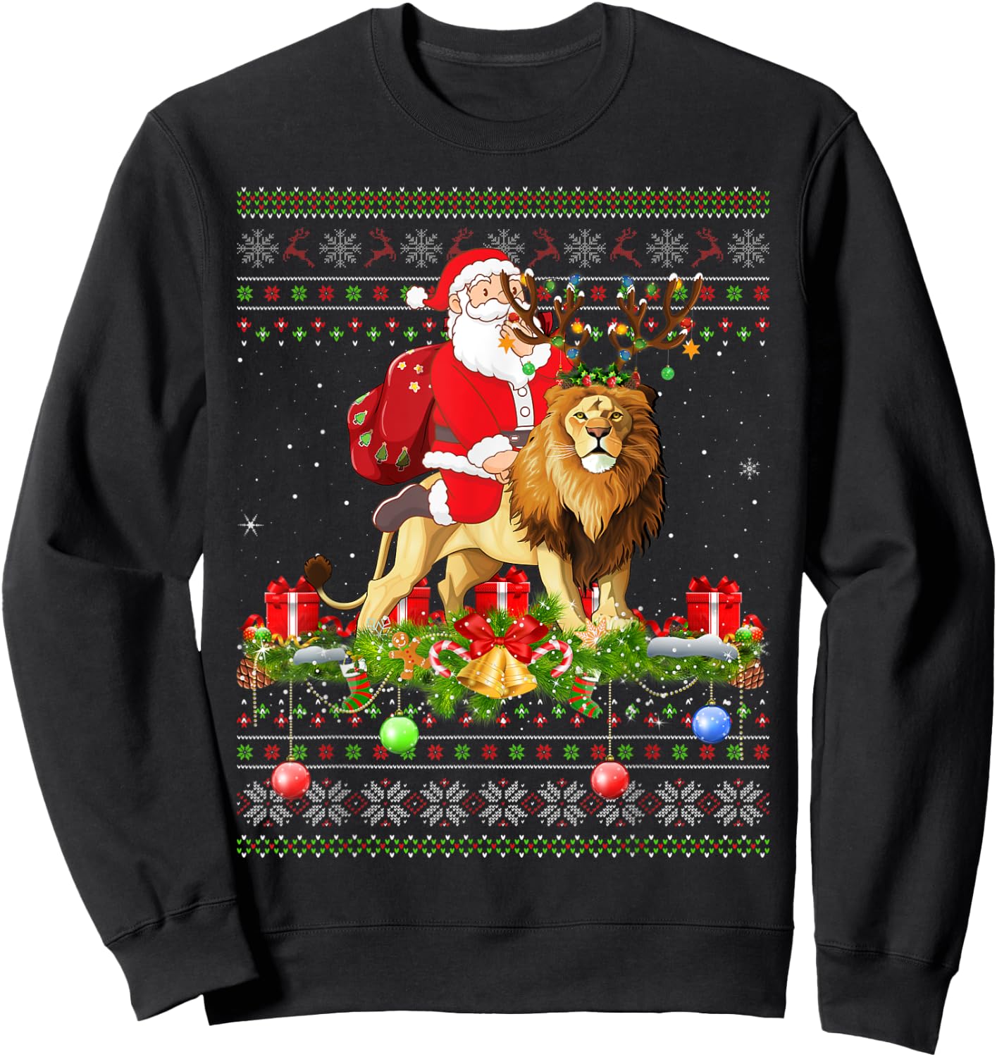 Lion Lover Ugly Santa Riding Lion Christmas Sweatshirt - Sweatshirt | Black