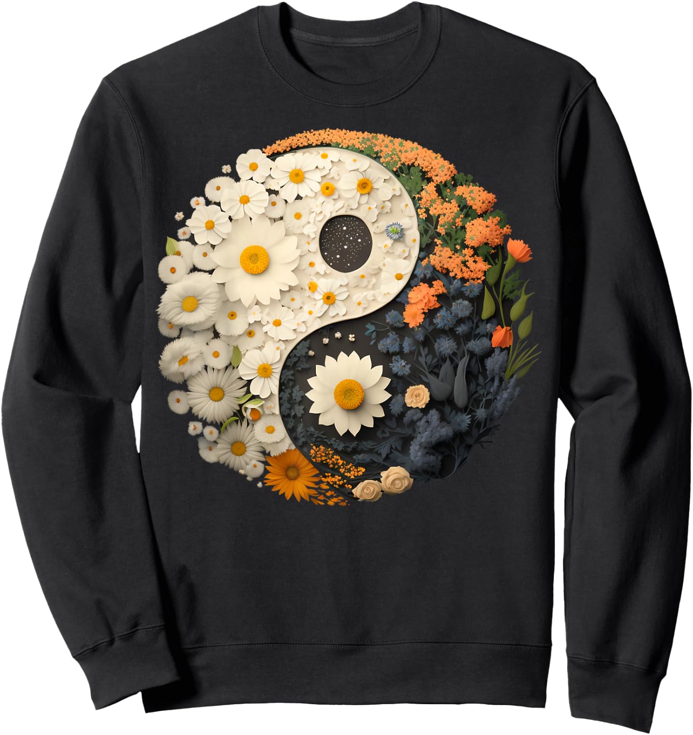 Floral Taoism Yin Yang Symbol on Flower Taijitu Yin Yang Sweatshirt - Sweatshirt | Black