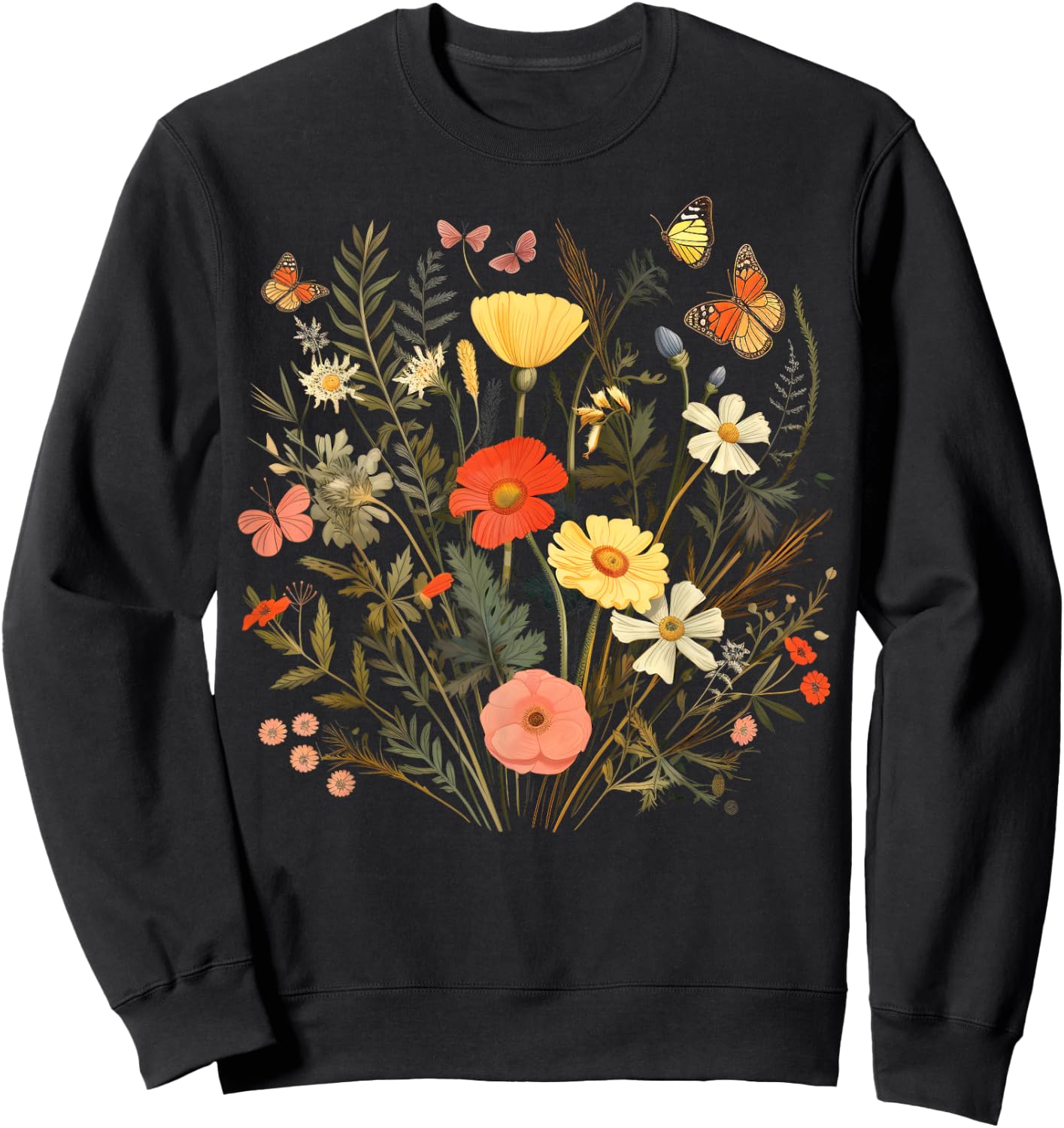 Vintage Pressed Flowers Butterflies Floral Boho Wildflowers Sweatshirt - Sweatshirt | Black