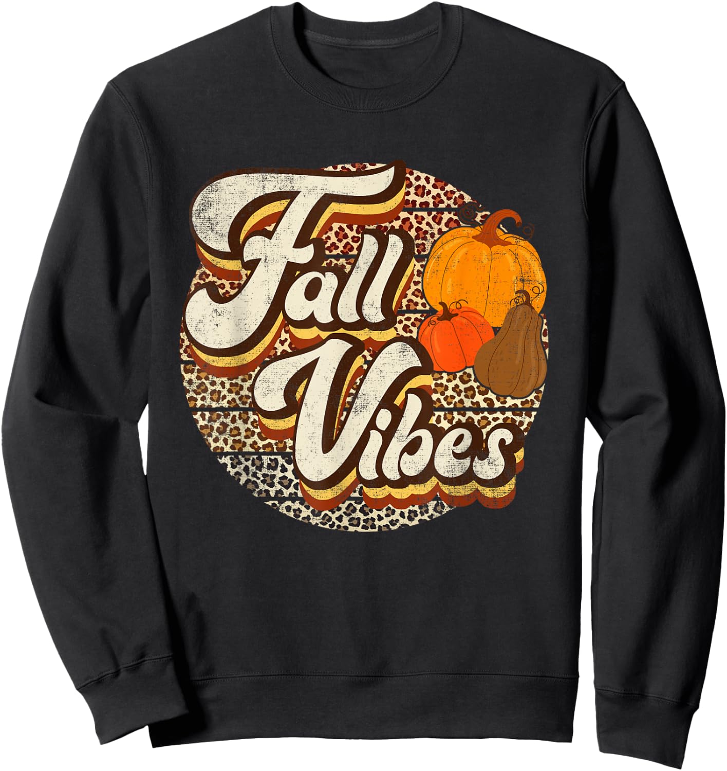 Retro Groovy Fall Vibes Leopard Thanksgiving Autumn Sweatshirt - Sweatshirt | Black