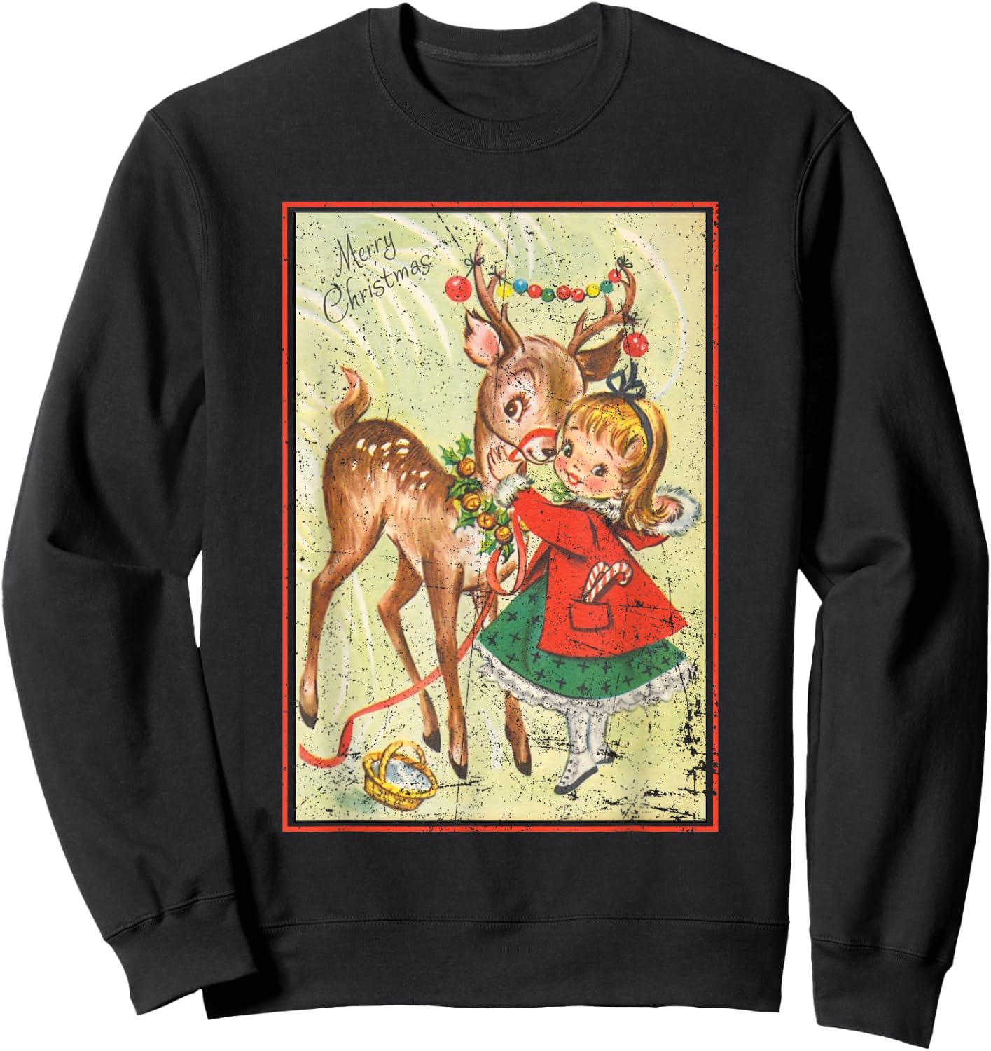 Vintage Pin Up Little Girl Reindeer Retro 1950s Christmas Sweatshirt - Sweatshirt | Black