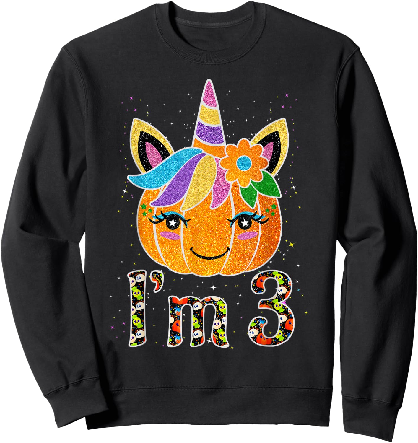 3 Years Old Unicorn Pumpkin Cute Design Birthday Halloween Sweatshirt - Sweatshirt | Black