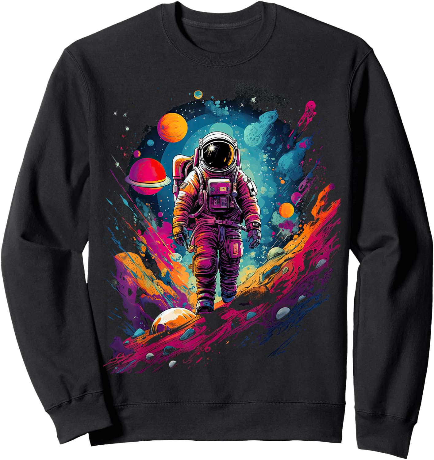 Astronaut in Space with Planets in Galaxies Sweatshirt - Sweatshirt | Black