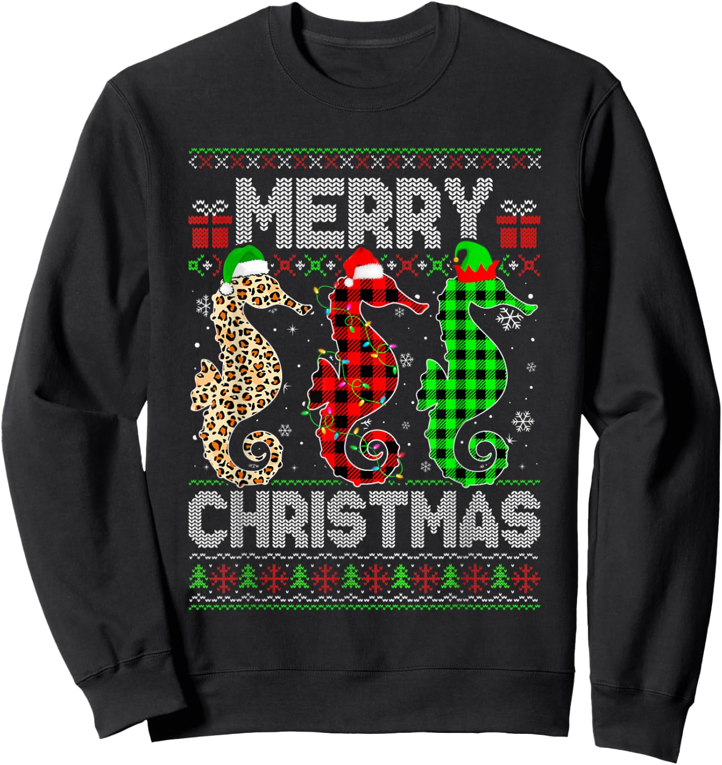 Merry Christmas Seahorse Xmas Leopard Plaid Santa Elf Sweatshirt - Sweatshirt | Black