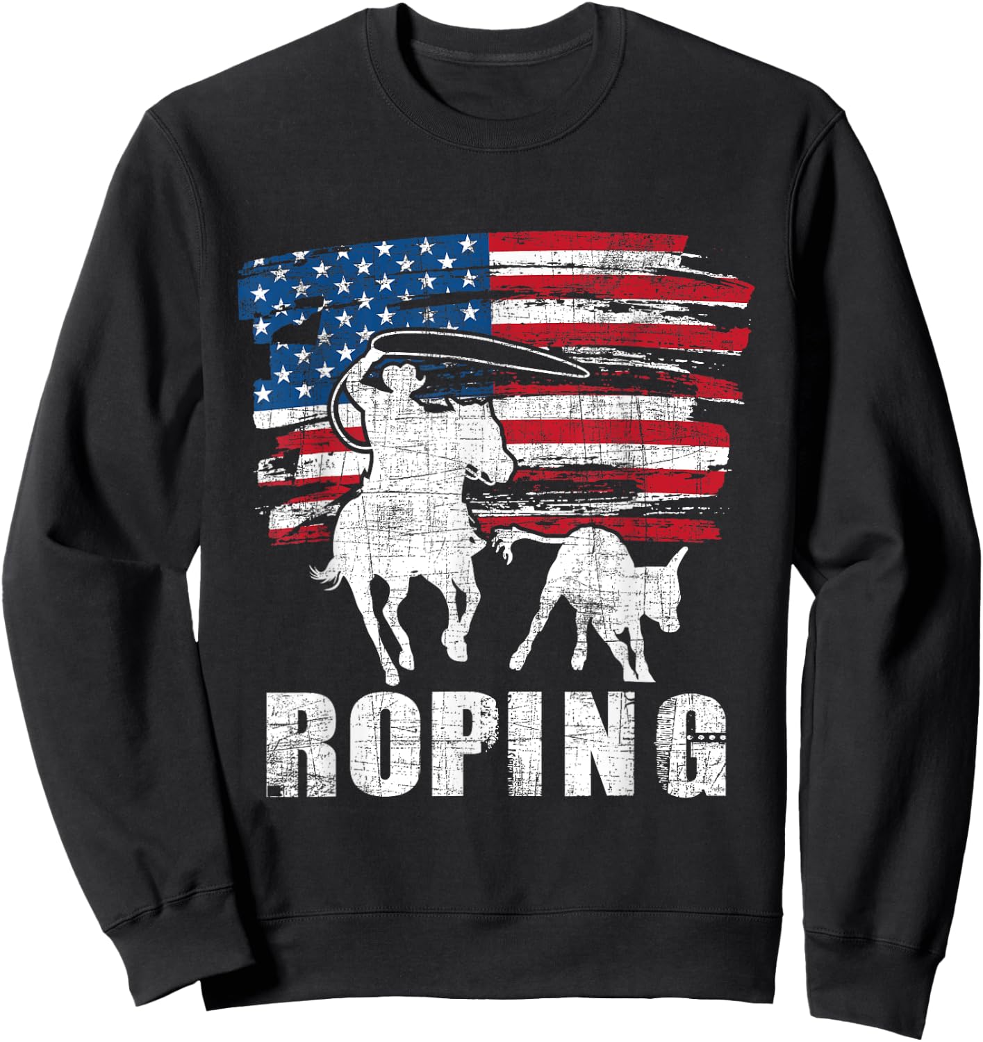 Team Roping - Roper USA American Flag Header Heeler Horse Sweatshirt - Sweatshirt | Black