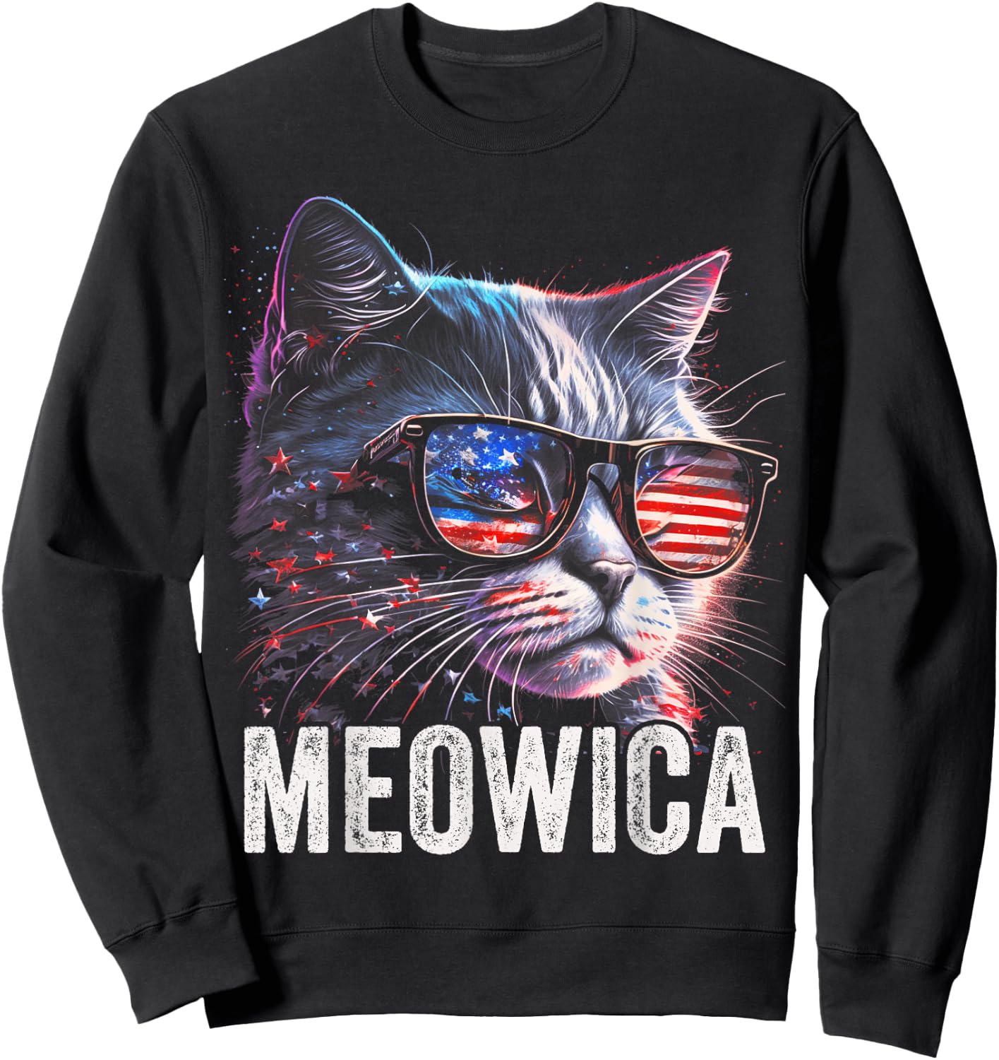 Meowica 4th of July Cat American Flag America USA Funny Sweatshirt - Sweatshirt | Black