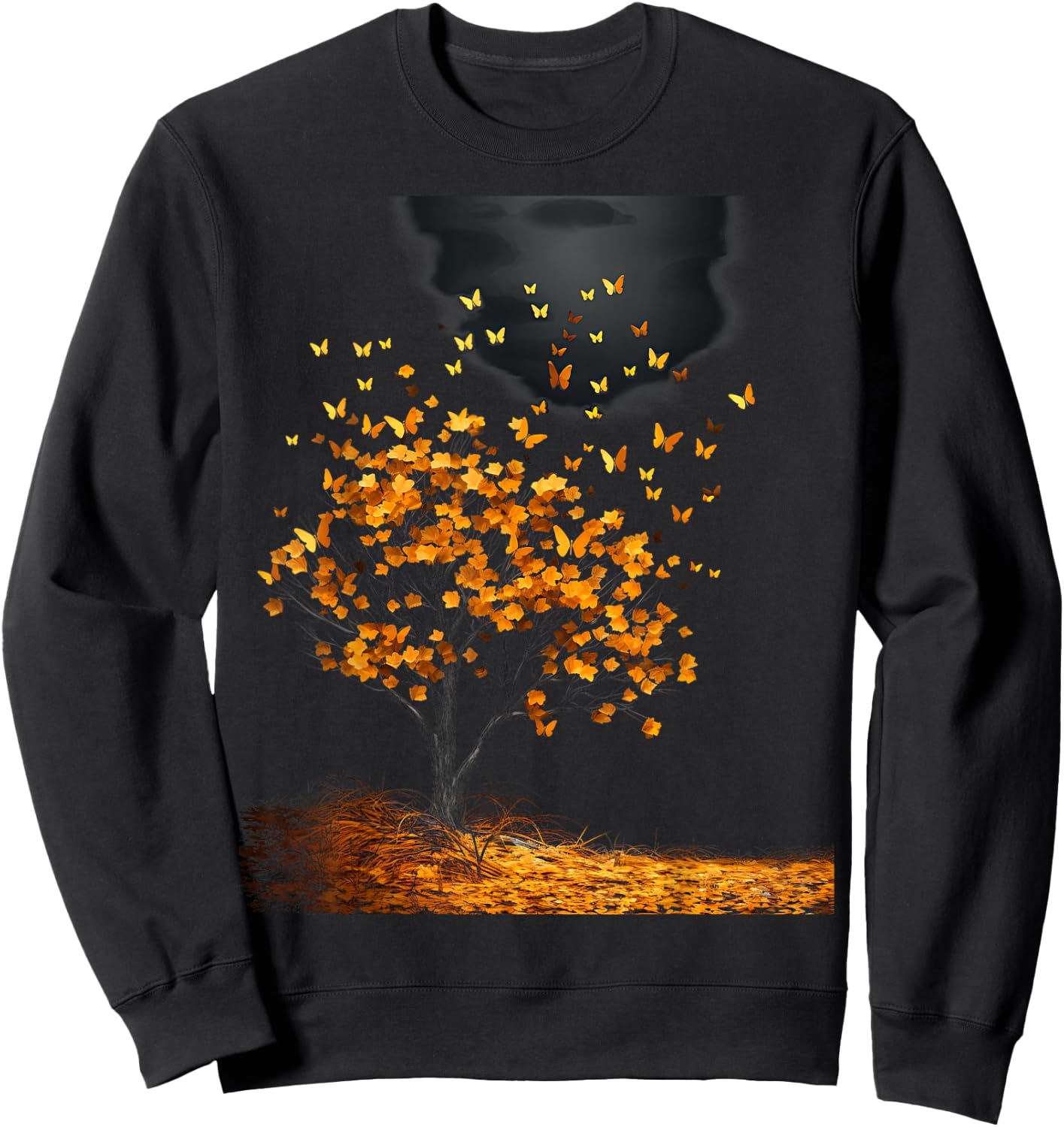 Fall Autumn falling leaves with Tree and Butterfly Sweatshirt - Sweatshirt | Black