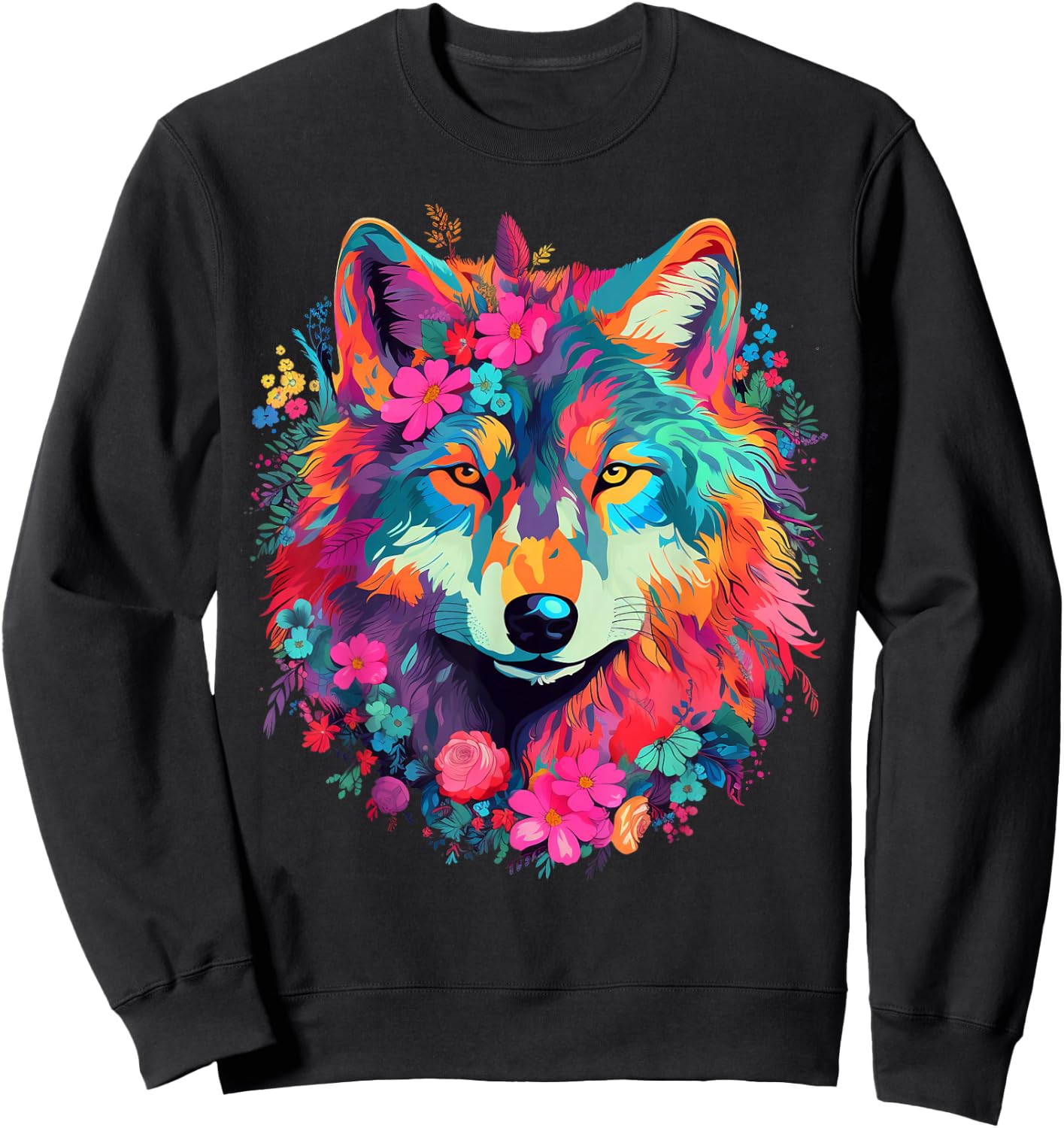 Cute Flower Wolf on summer Floral Wolf Men Women Kids Sweatshirt - Sweatshirt | Black