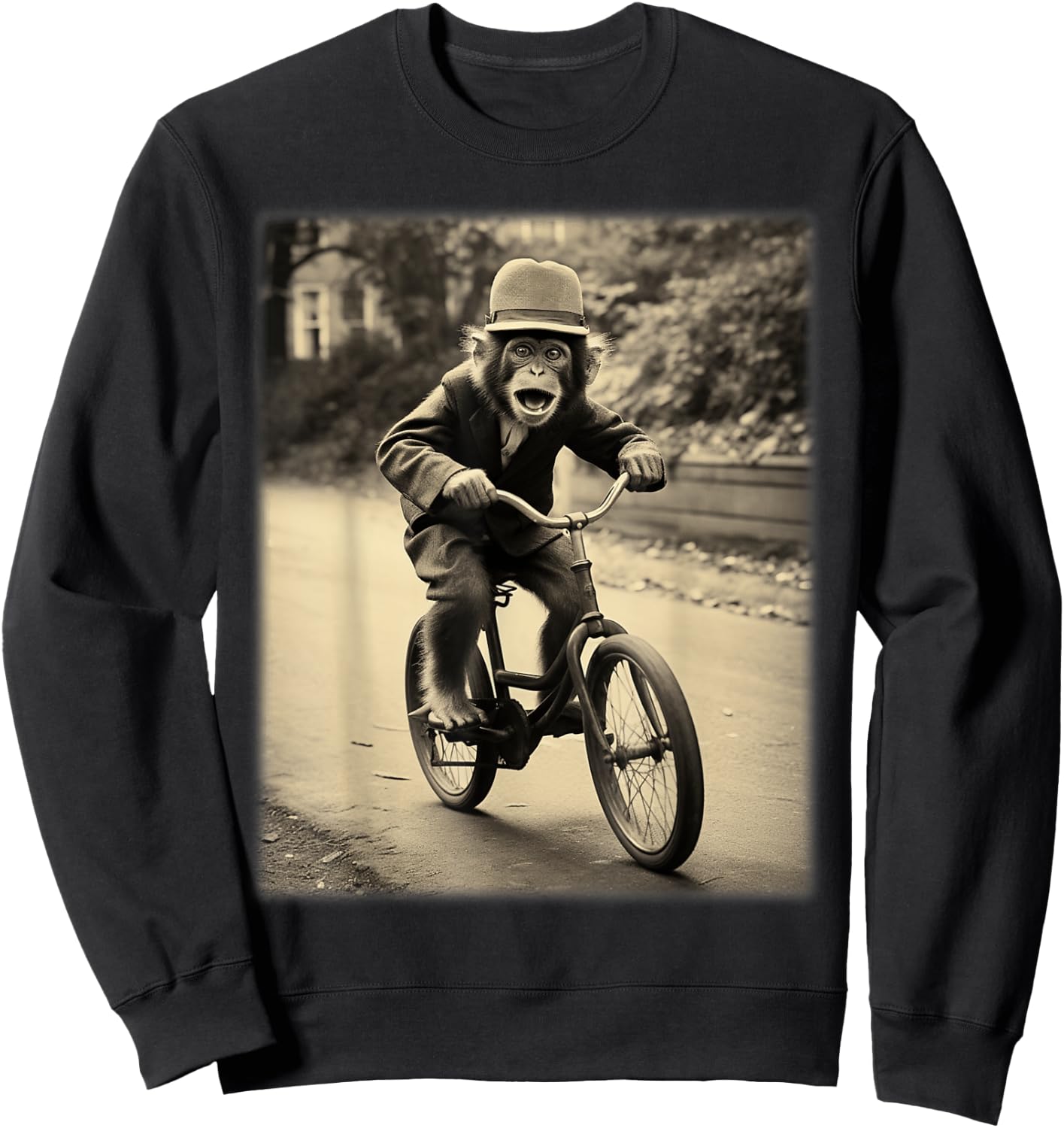 Funny Cute Monkey Chimp Riding Vintage Bicycle Men Woman Sweatshirt - Sweatshirt | Black