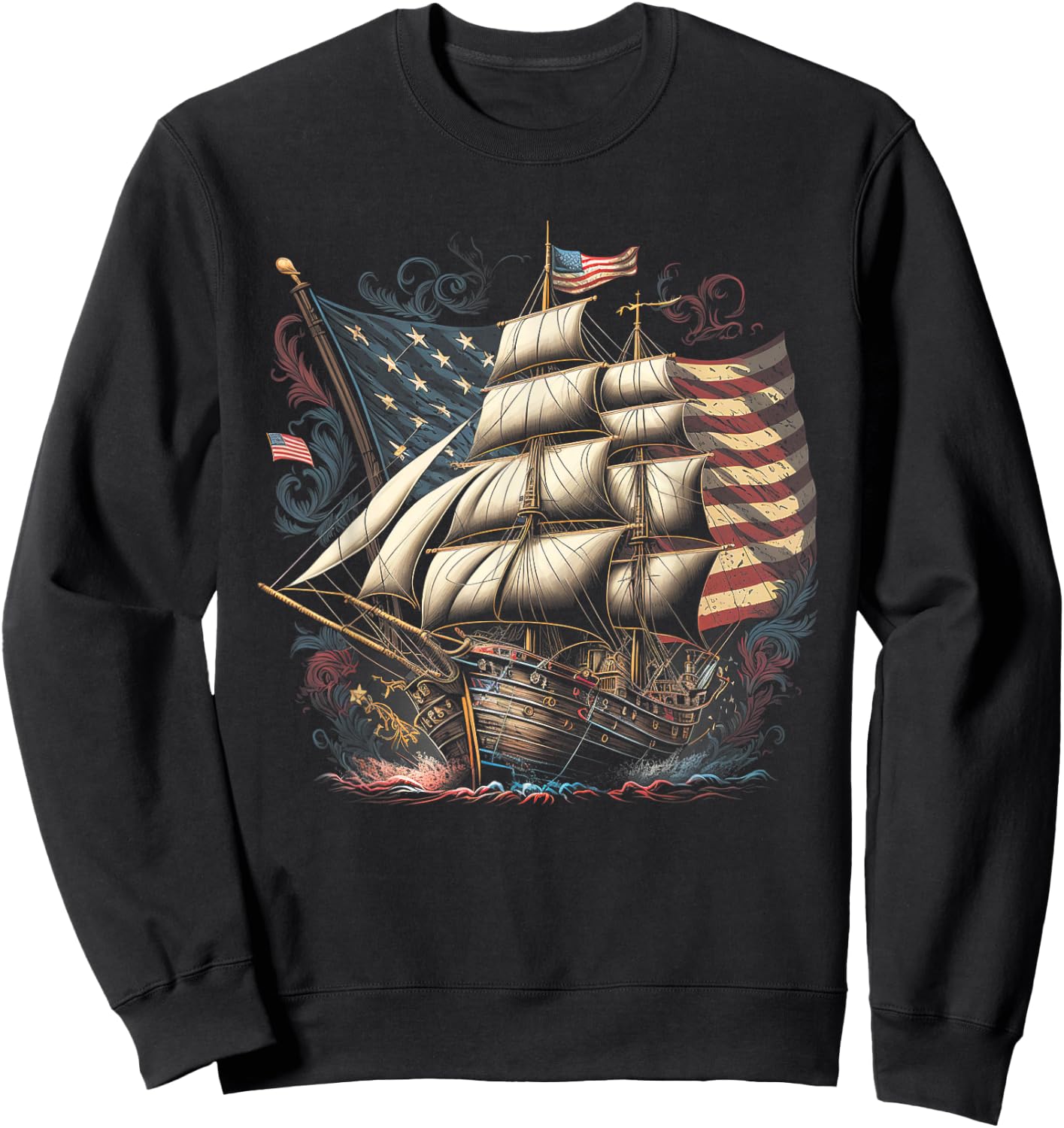 Pirate 4th of July American Flag USA America Funny Ship Boat Sweatshirt - Sweatshirt | Black