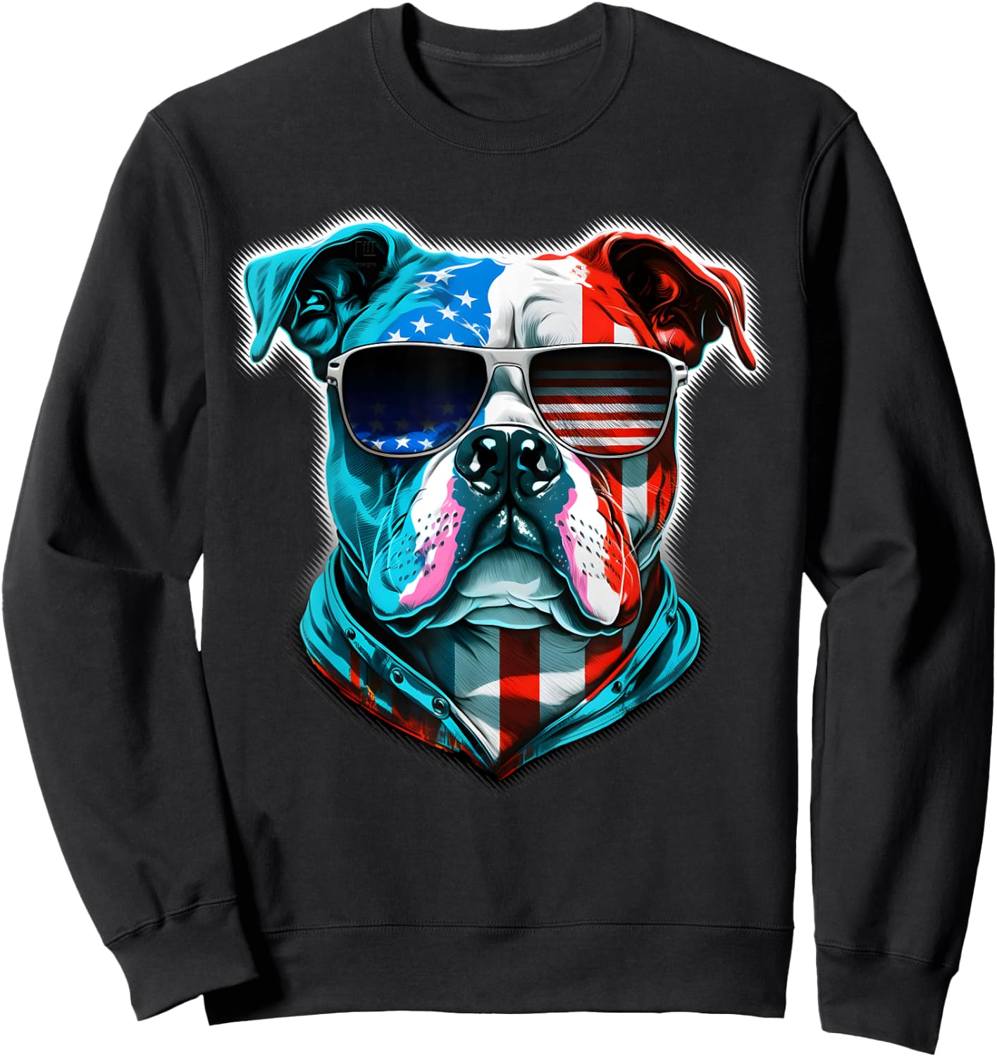 Bulldog Dog Red White Blue American Flag Sunglasses Kids Men Sweatshirt - Sweatshirt | Black
