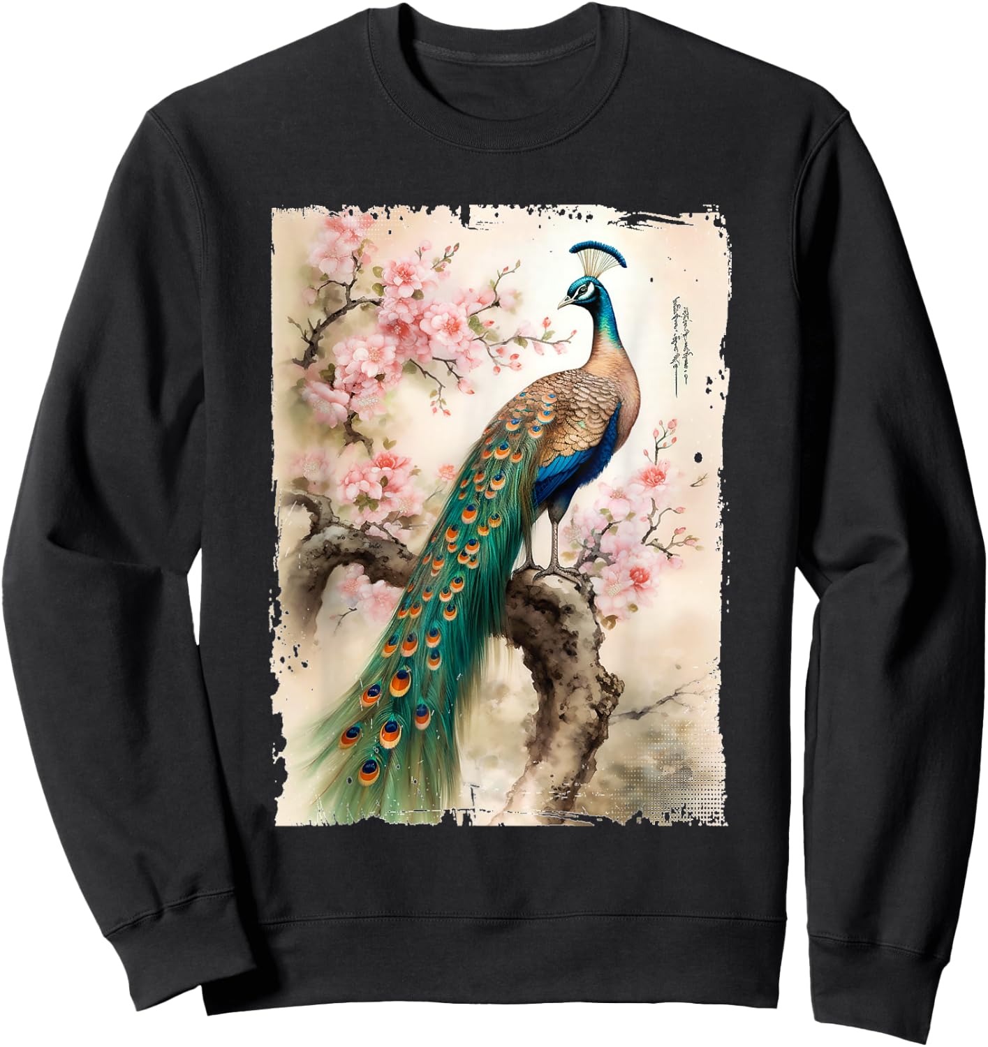Beautiful Peacock Japanese Cherry Blossom Art Sweatshirt - Sweatshirt | Black