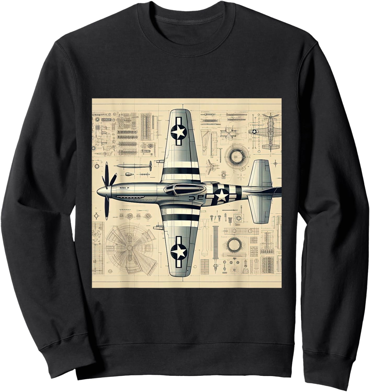 WW2 Warplane P51 Mustang Assembly Parts Blueprint Sweatshirt - Sweatshirt | Black