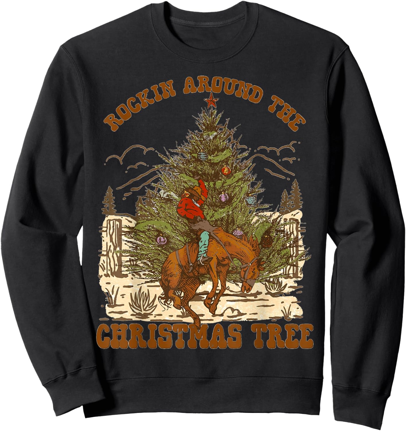 Rockin' Around Christmas Cowboy Tree Santa Ride Horse Pajama Sweatshirt - Sweatshirt | Black