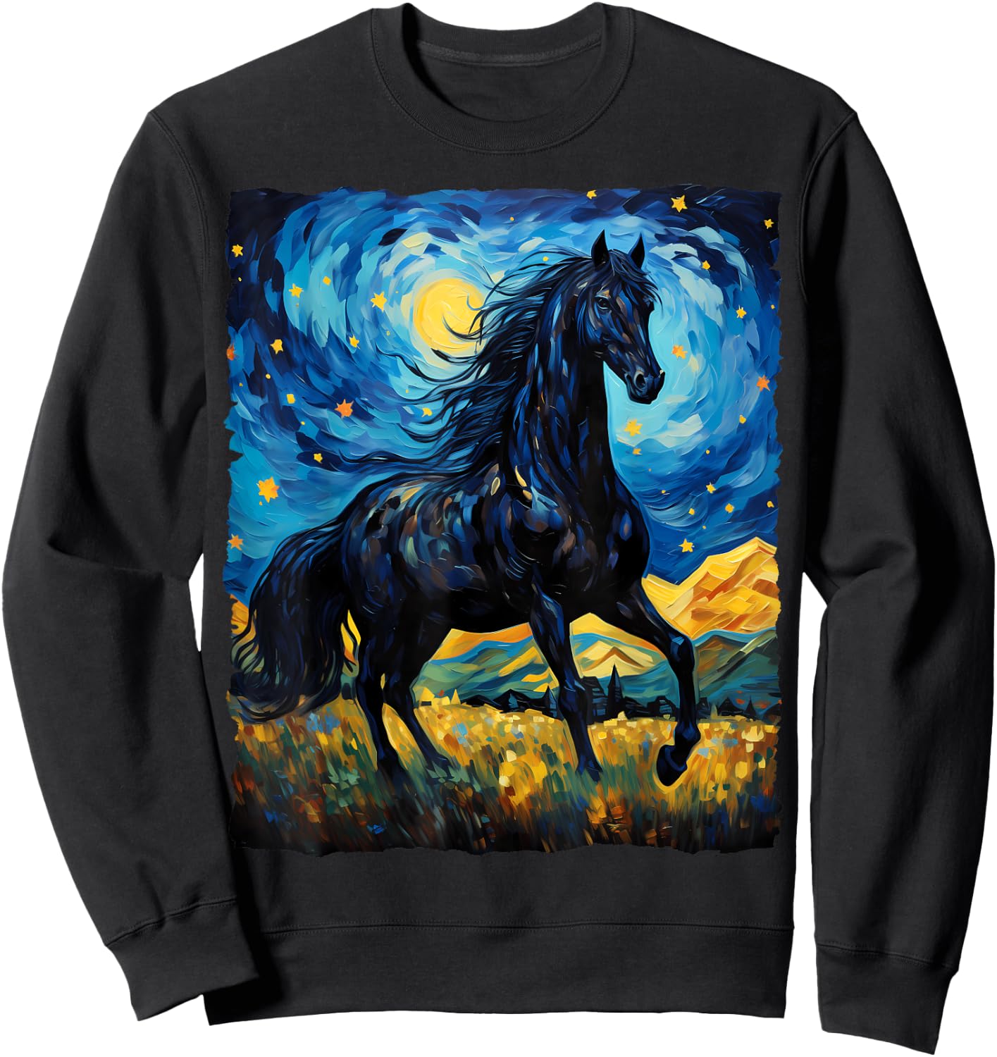 Black Horse Van Gogh Starry Night Painting Wild Animal Lover Sweatshirt - Sweatshirt | Black