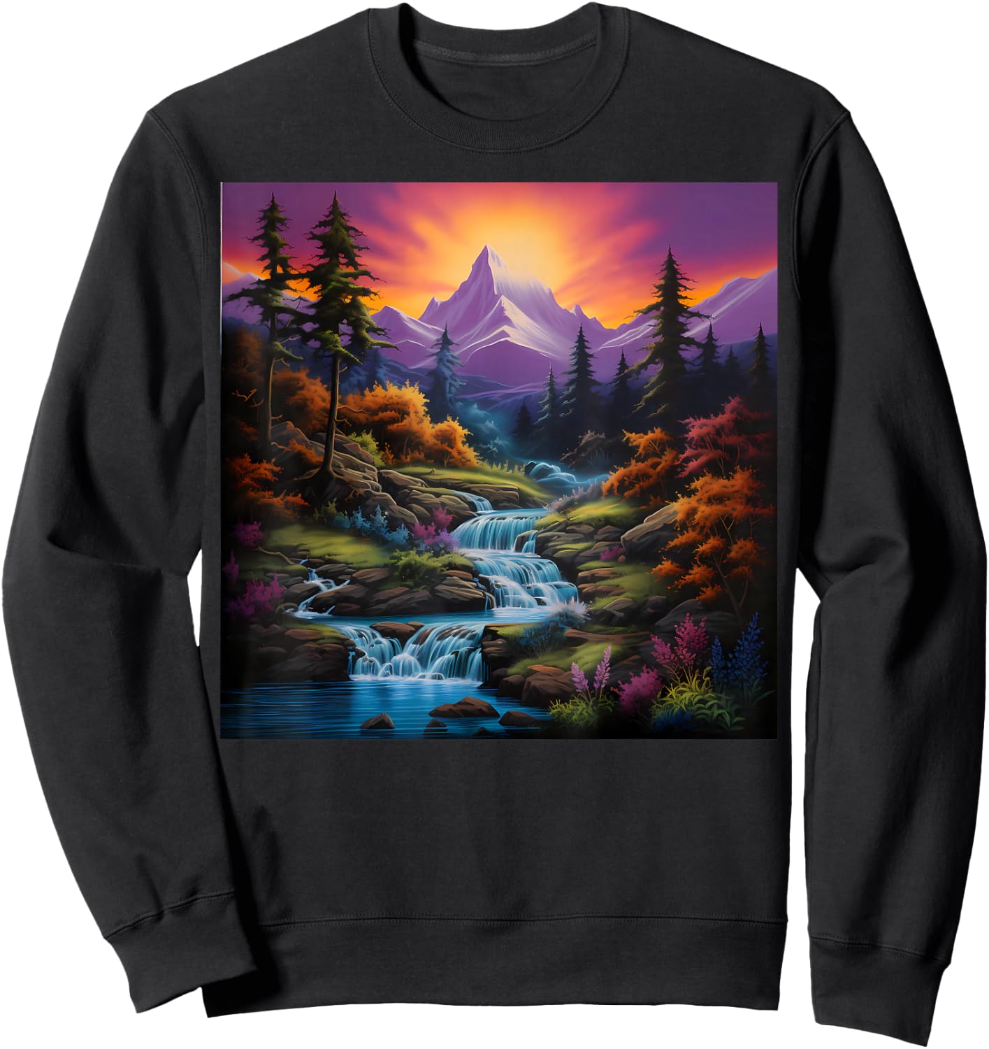 Fall Landscape Art Mountain River and Waterfalls for Hiking Sweatshirt - Sweatshirt | Black