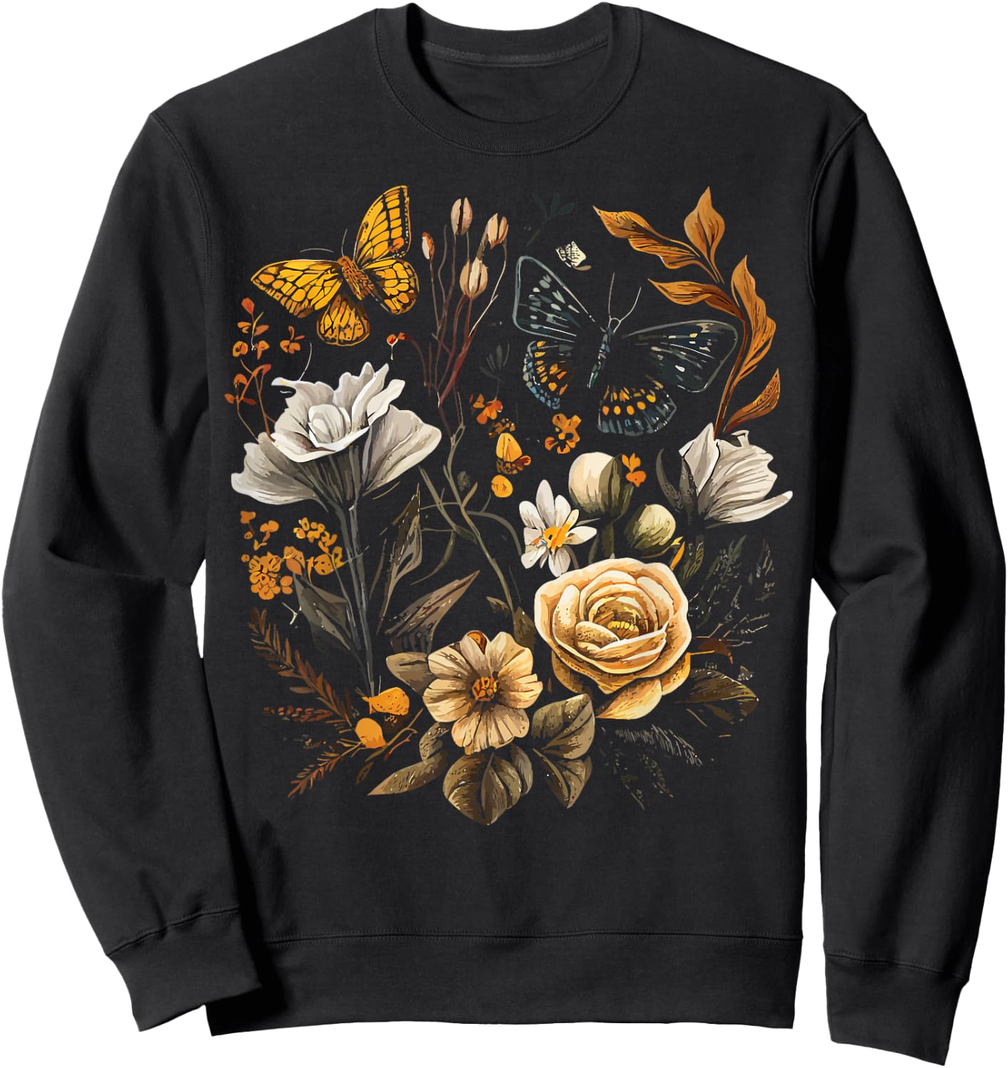 Vintage Pressed Flowers Butterflies Floral Boho Wildflowers Sweatshirt - Sweatshirt | Black