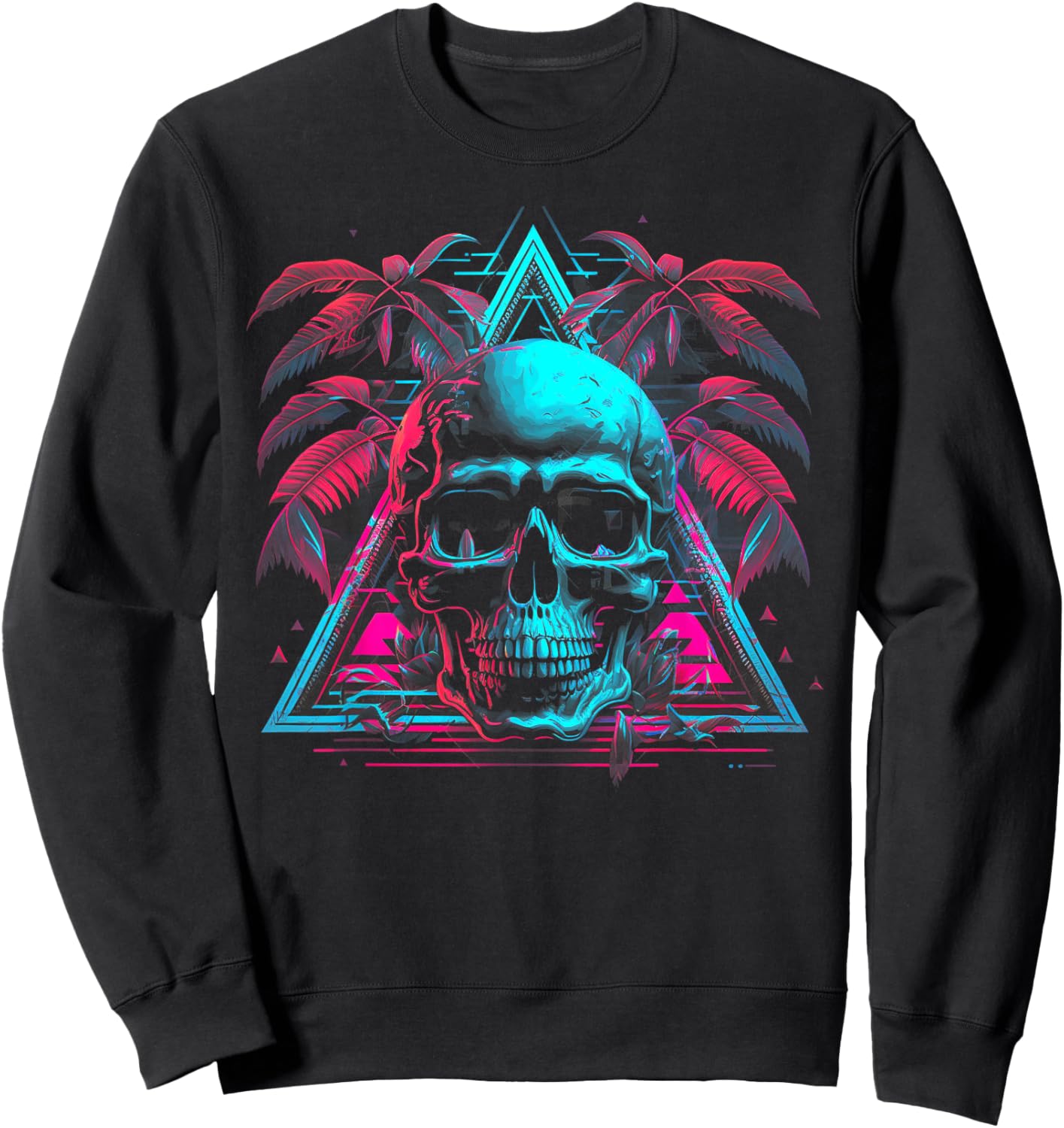 Skull Vaporwave Retrowave Aesthetic Synthwave 80s Palm Tree Sweatshirt - Sweatshirt | Black