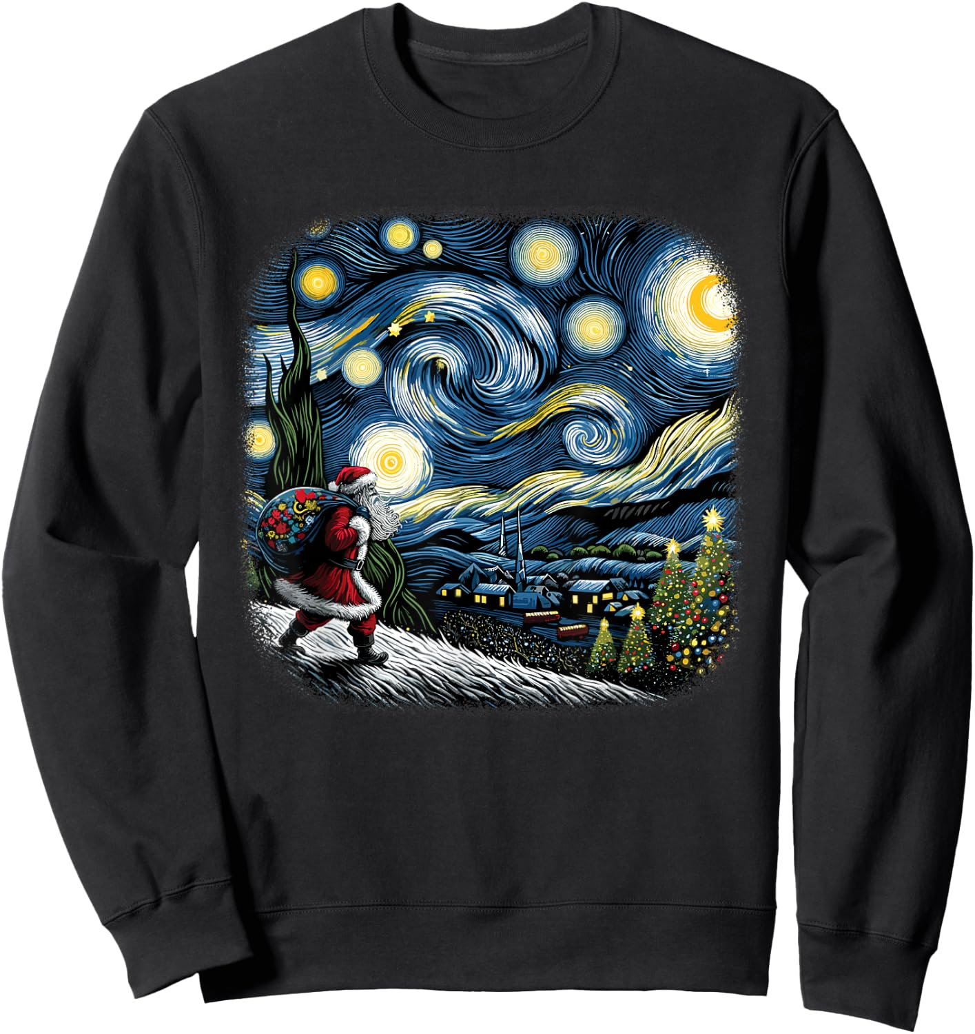 Van Gogh Starry Night Santa Christmas Winter Snowy Night Sweatshirt - Sweatshirt | Black