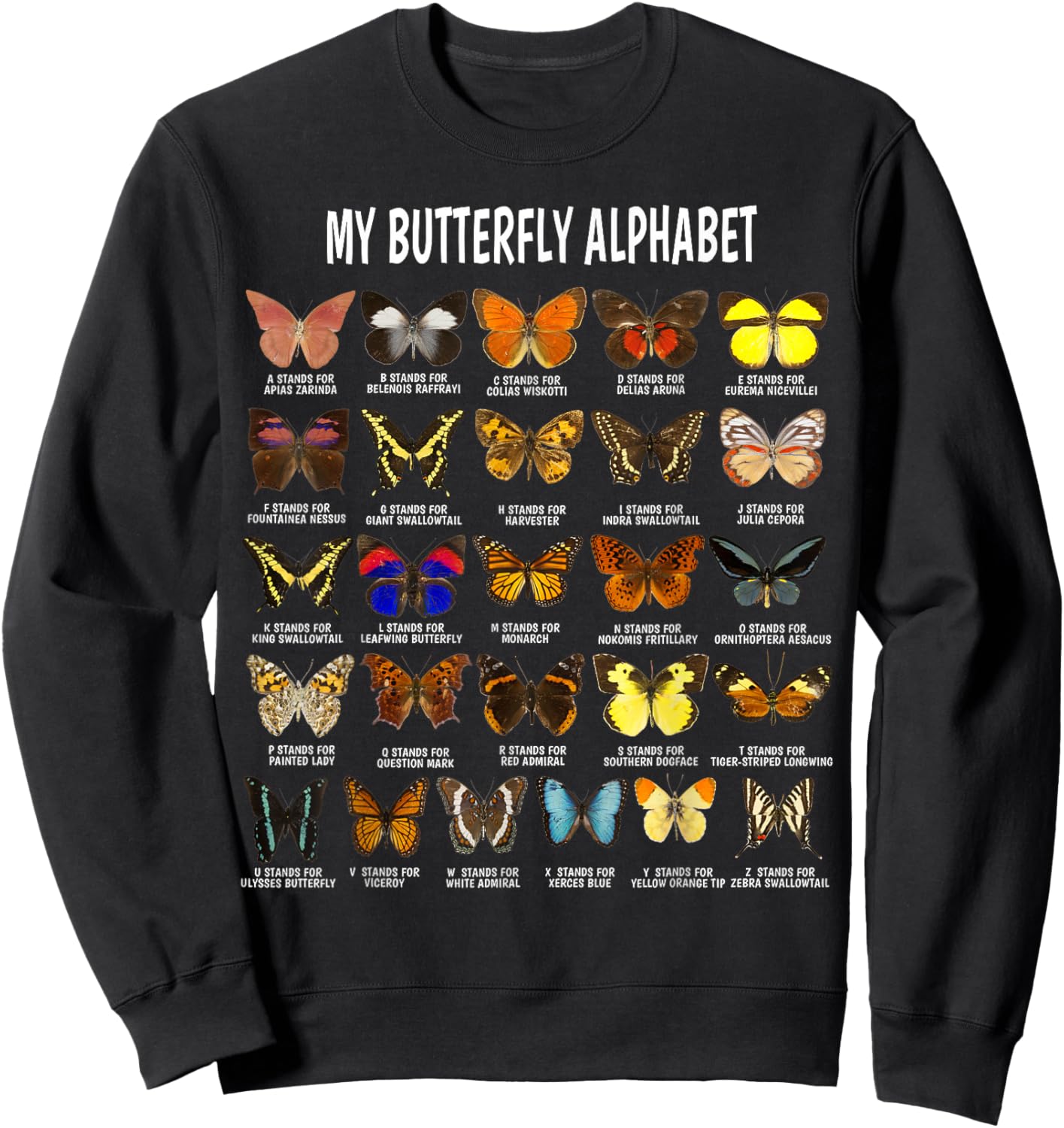 Types of Butterflies Alphabet ABC Butterfly Identification Sweatshirt - Sweatshirt | Black