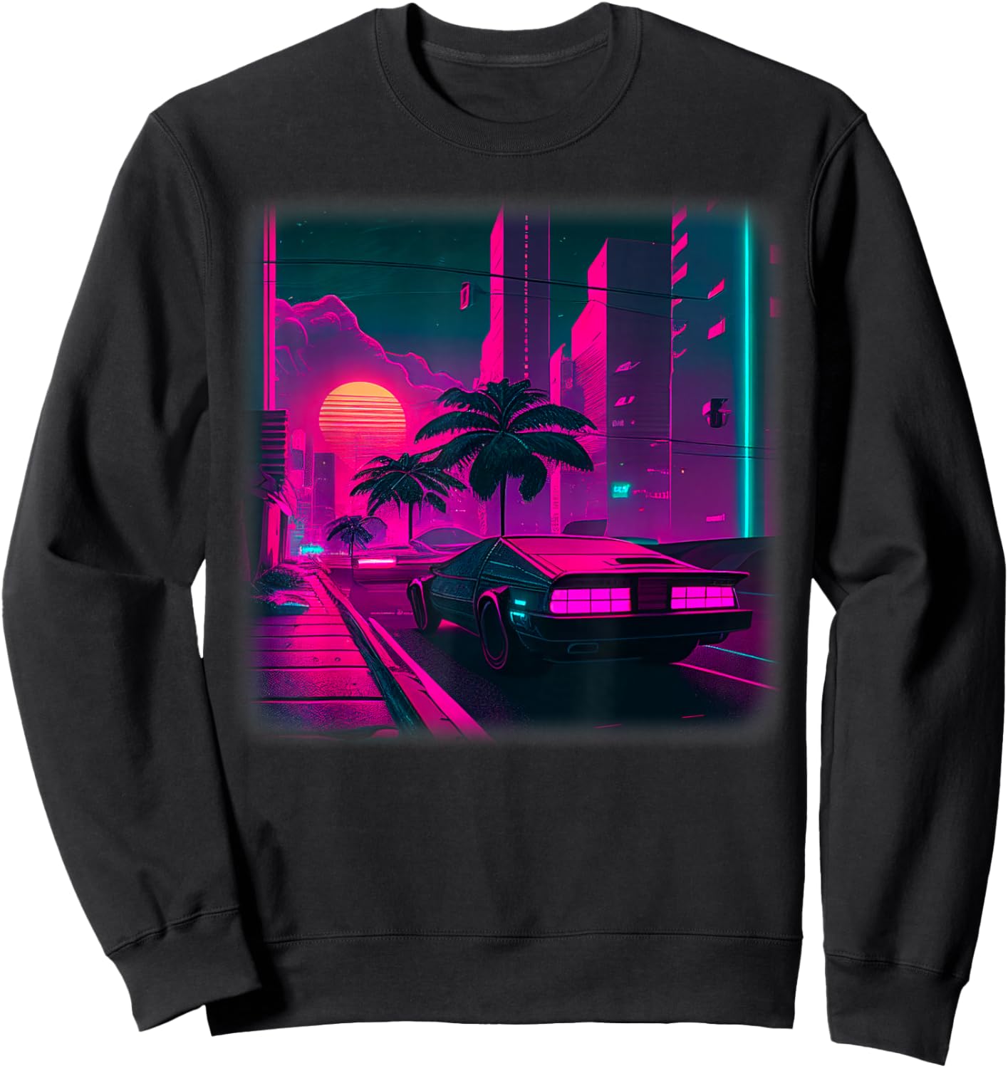 Synthwave Vaporwave Sunset Palm Trees 80s 90s Illustration Sweatshirt - Sweatshirt | Black