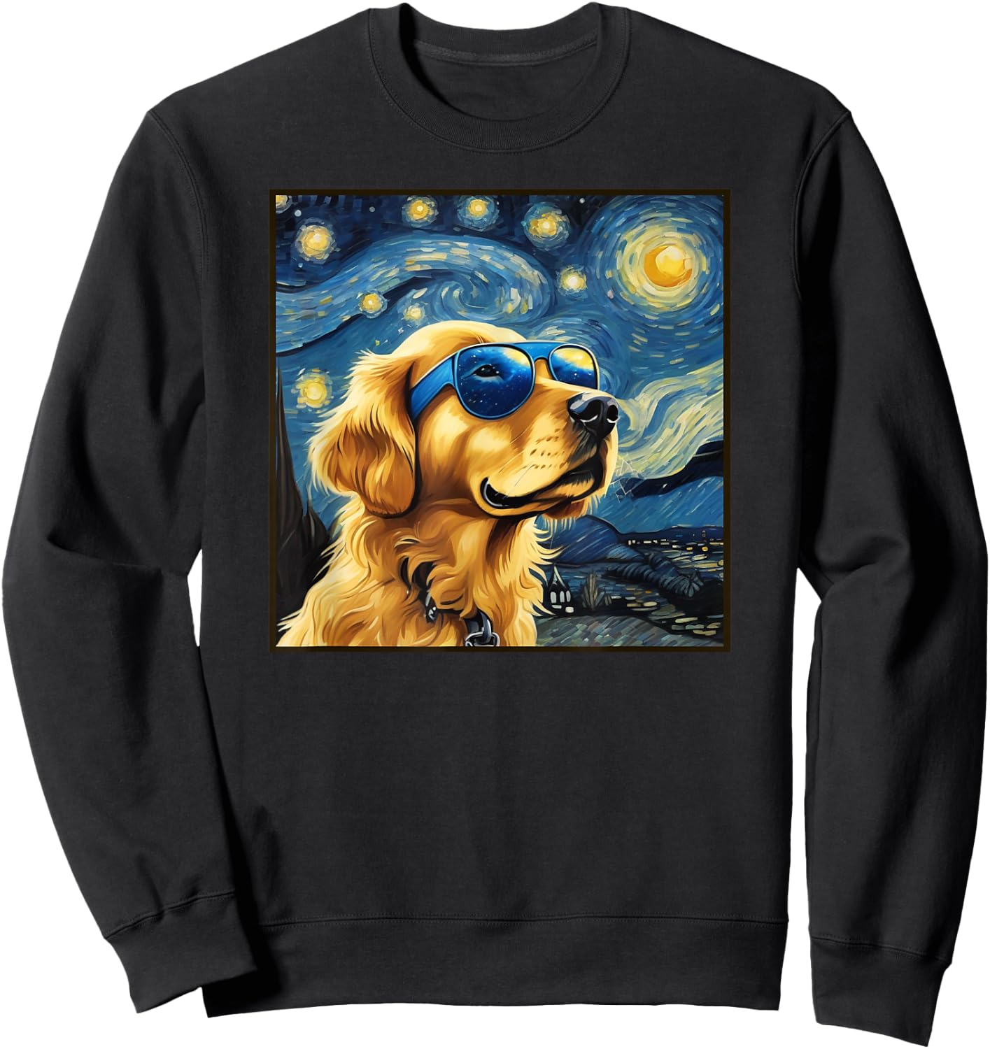 Van Gogh Starry Night Cute Dog Golden Retriever shirt Sweatshirt - Sweatshirt | Black