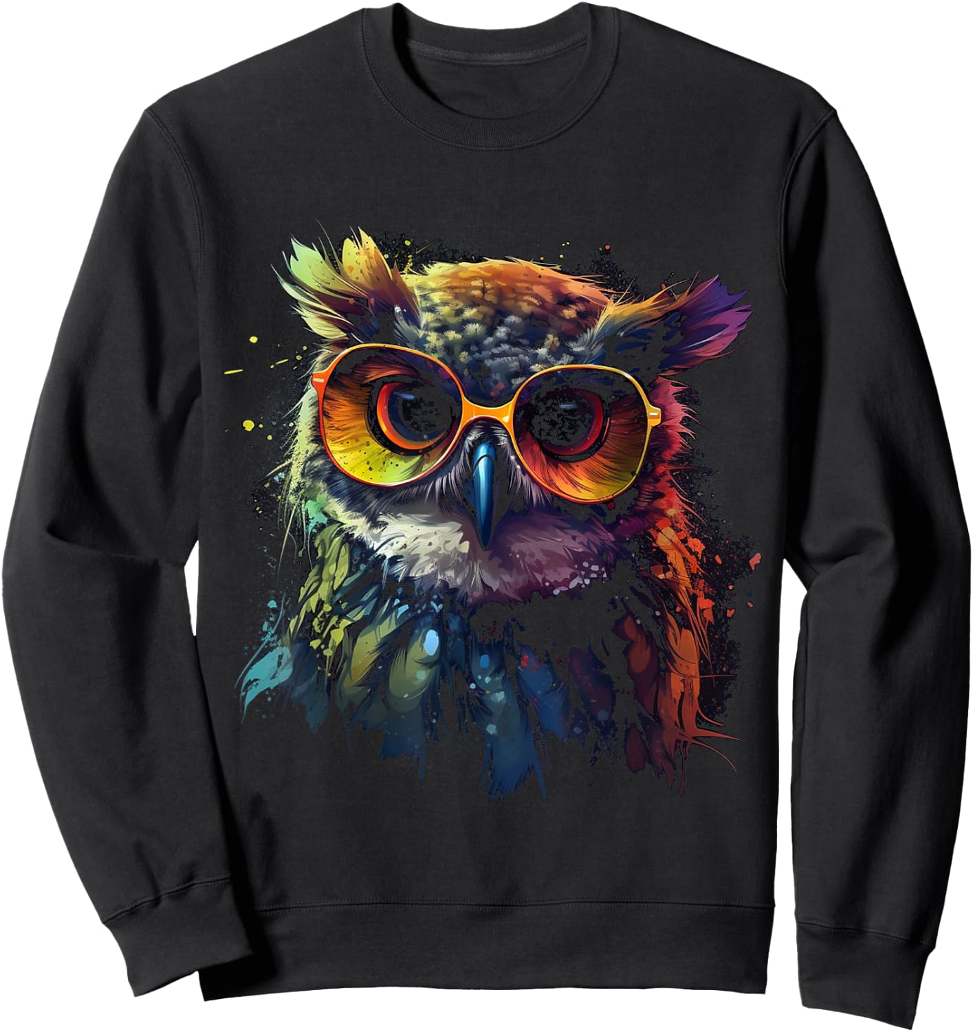 Owl Artwork - Animal Glasses Colourful Bird Art Owl Sweatshirt - Sweatshirt | Black