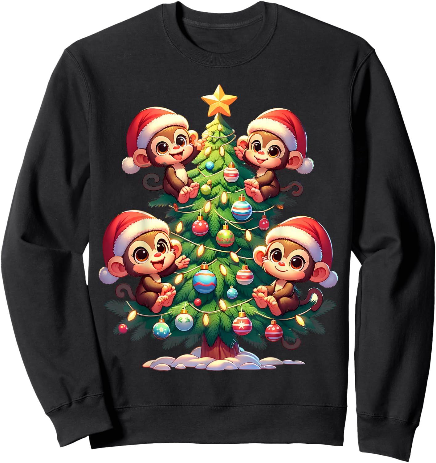 Kawaii Monkey Christmas Tree Cartoon Animals Primate Sweatshirt - Sweatshirt | Black