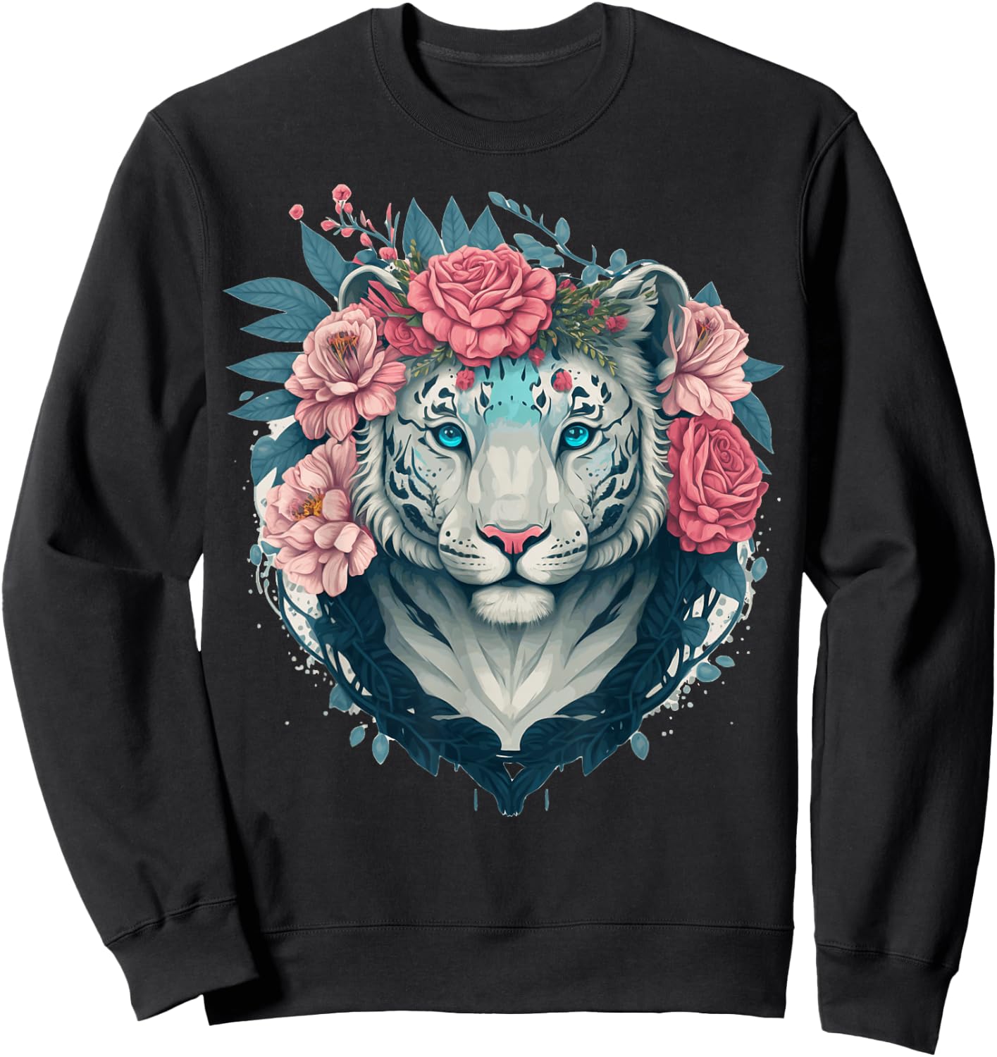 White Bengal Tiger Flower Crown Floral Animal Lovers Sweatshirt - Sweatshirt | Black