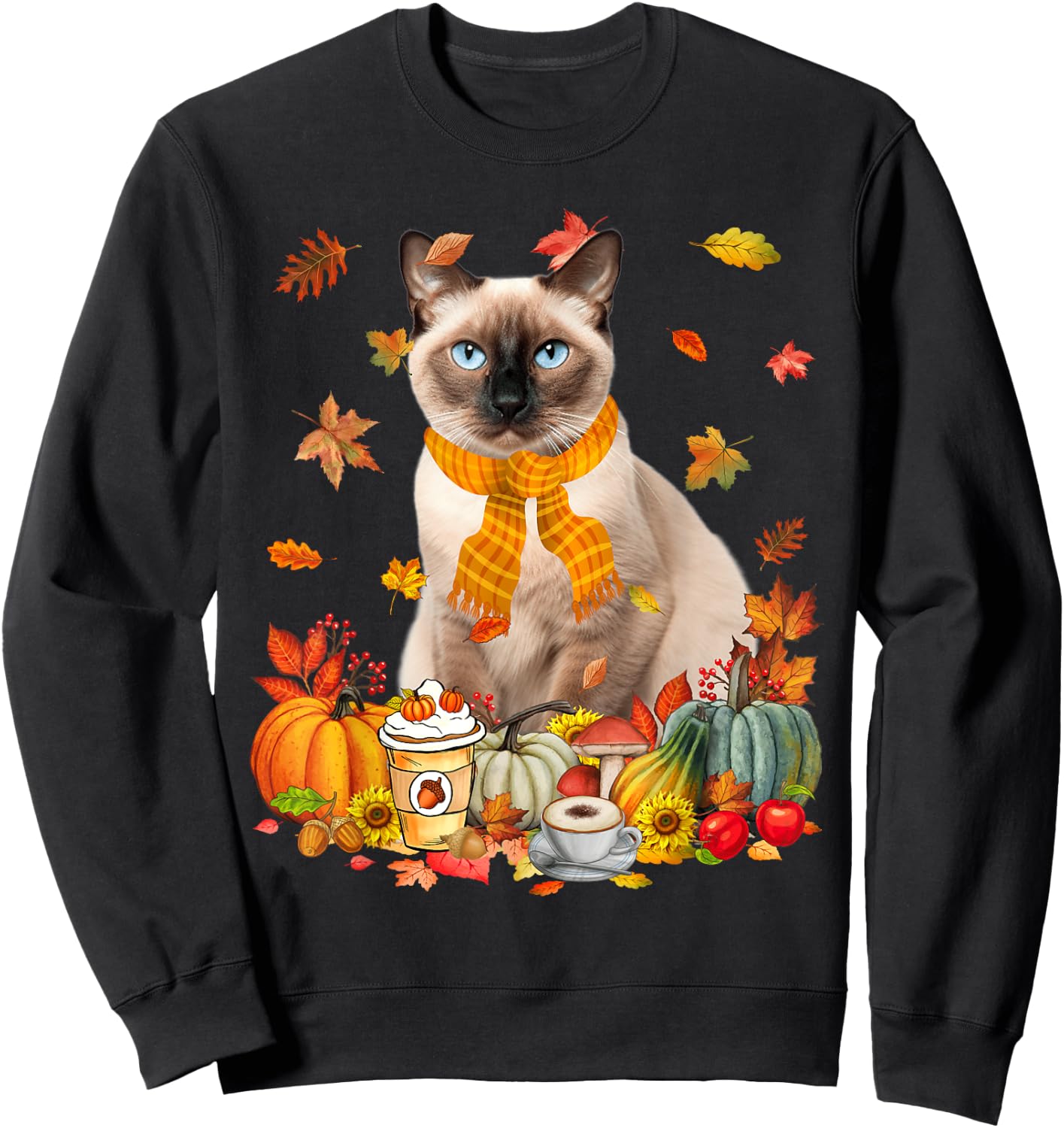 Cup Of Coffe & Siamese Cat Pumpkins Fall Vibes Thanksgiving Sweatshirt - Sweatshirt | Black