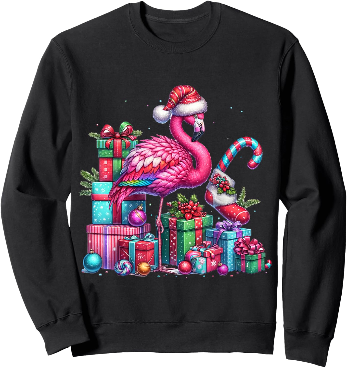 Funny Festive Flamingo Holiday Pink Christmas Xmas Santa Hat Sweatshirt - Sweatshirt | Black