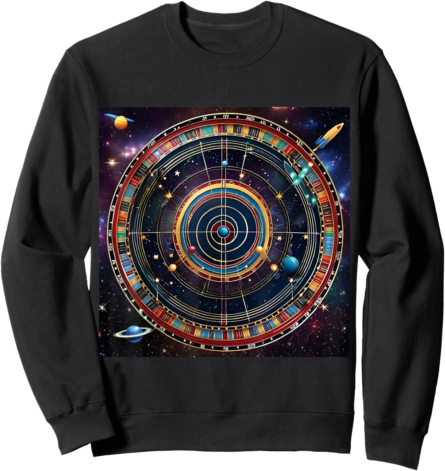Bullseye Beyond -Adults Kids , Black, Small, Short Sleeve, Modern, Astrological, Sports, Professional, Themed- , Interstellar Challenge: Cosmic Dartboard Sweatshirt - Sweatshirt | Black