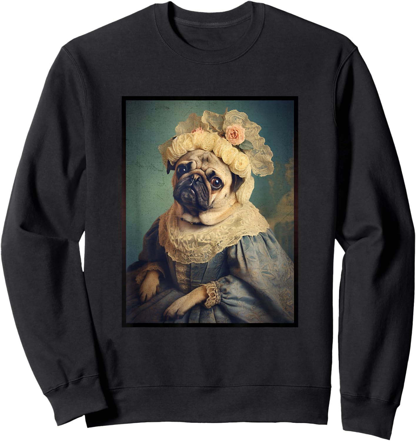 Pug Dog Portrait Renaissance Funny Pet Mom Dad Women Girls Kids Sweatshirt - Sweatshirt | Black