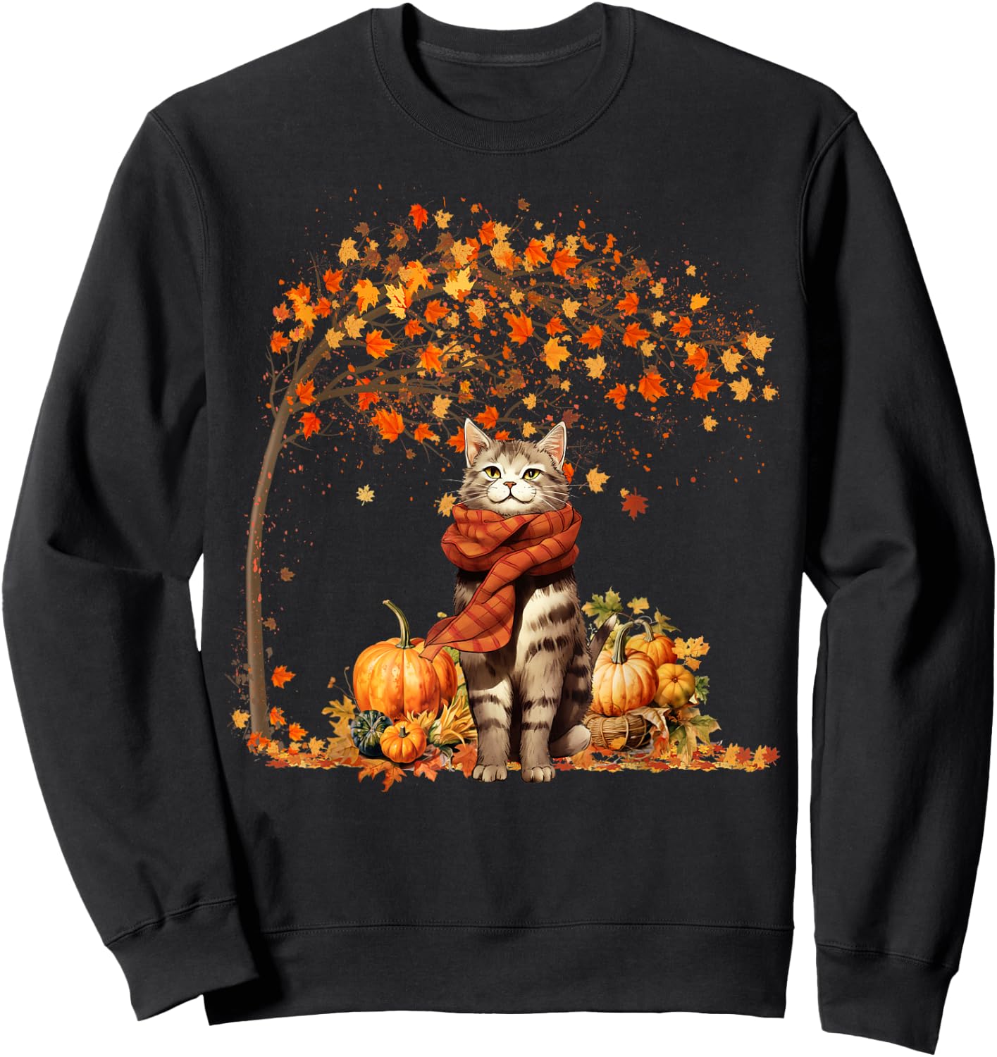 Cat Leaf Fall Hello Autumn Cat Kitten Lover Thanksgiving Sweatshirt - Sweatshirt | Black