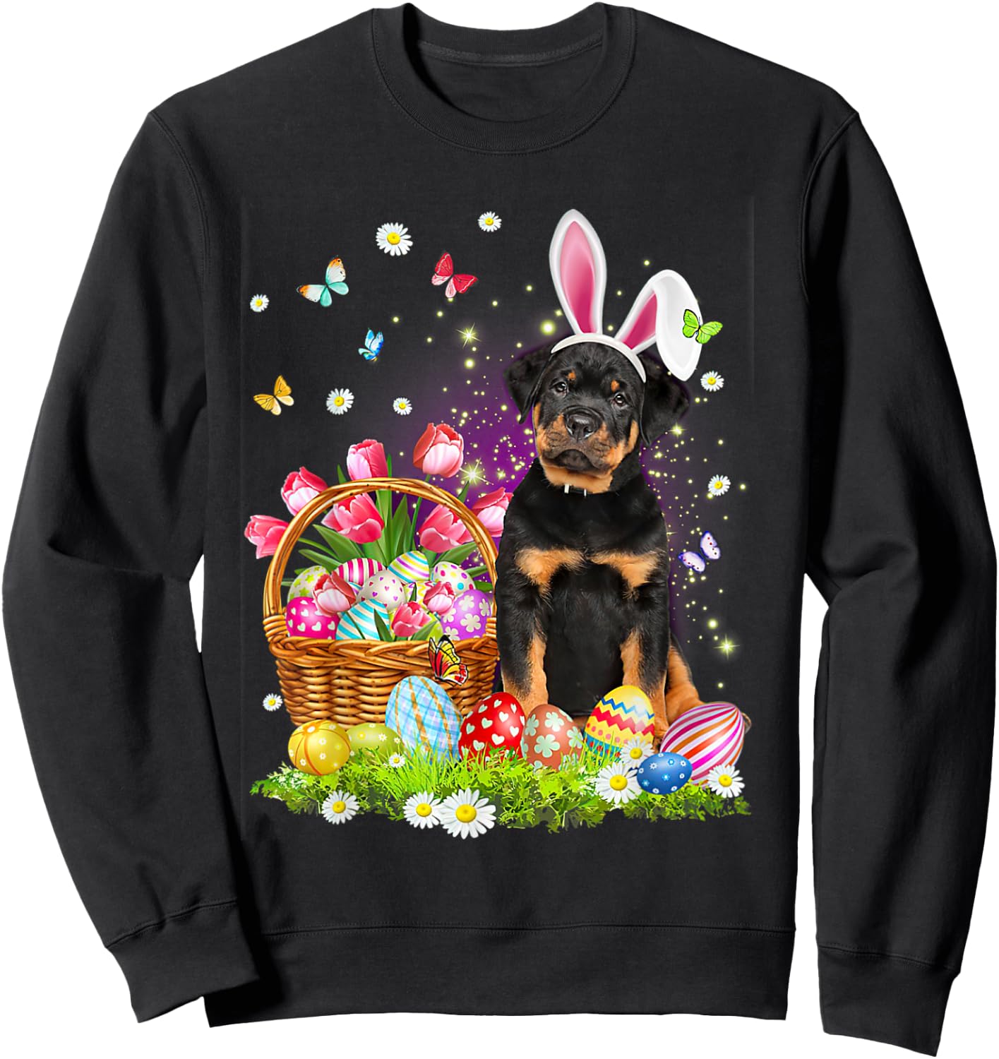 Funny Easter Bunny Rottweiler Dog Bunny Ear Egg Basket Women Kids Sweatshirt - Sweatshirt | Black