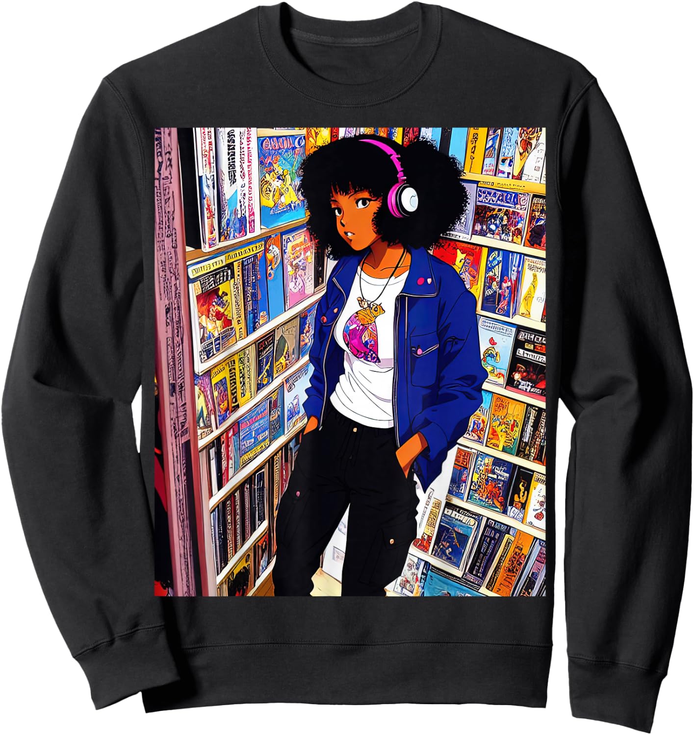 Black girl Lofi Music 90s Afro Retro Anime Cartoon Style Sweatshirt - Sweatshirt | Black