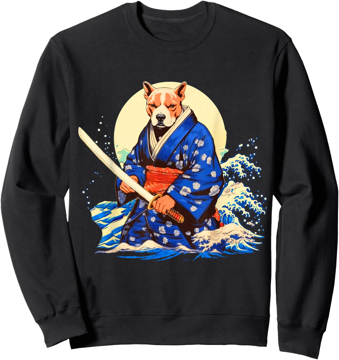 Funny Pitbull Dog Japanese Grand Wave Ukiyoe Art Ninja Cool Sweatshirt - Sweatshirt | Black