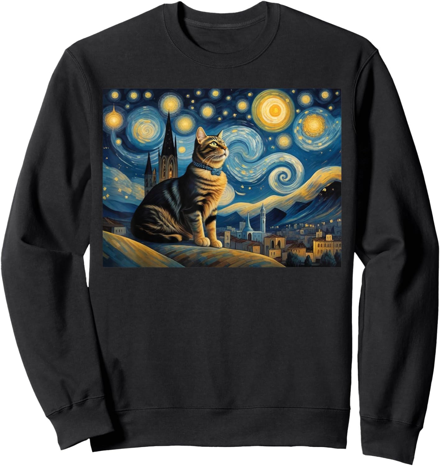 cute cat Painting art Starry Night kitty kitten Van Gogh Sweatshirt - Sweatshirt | Black