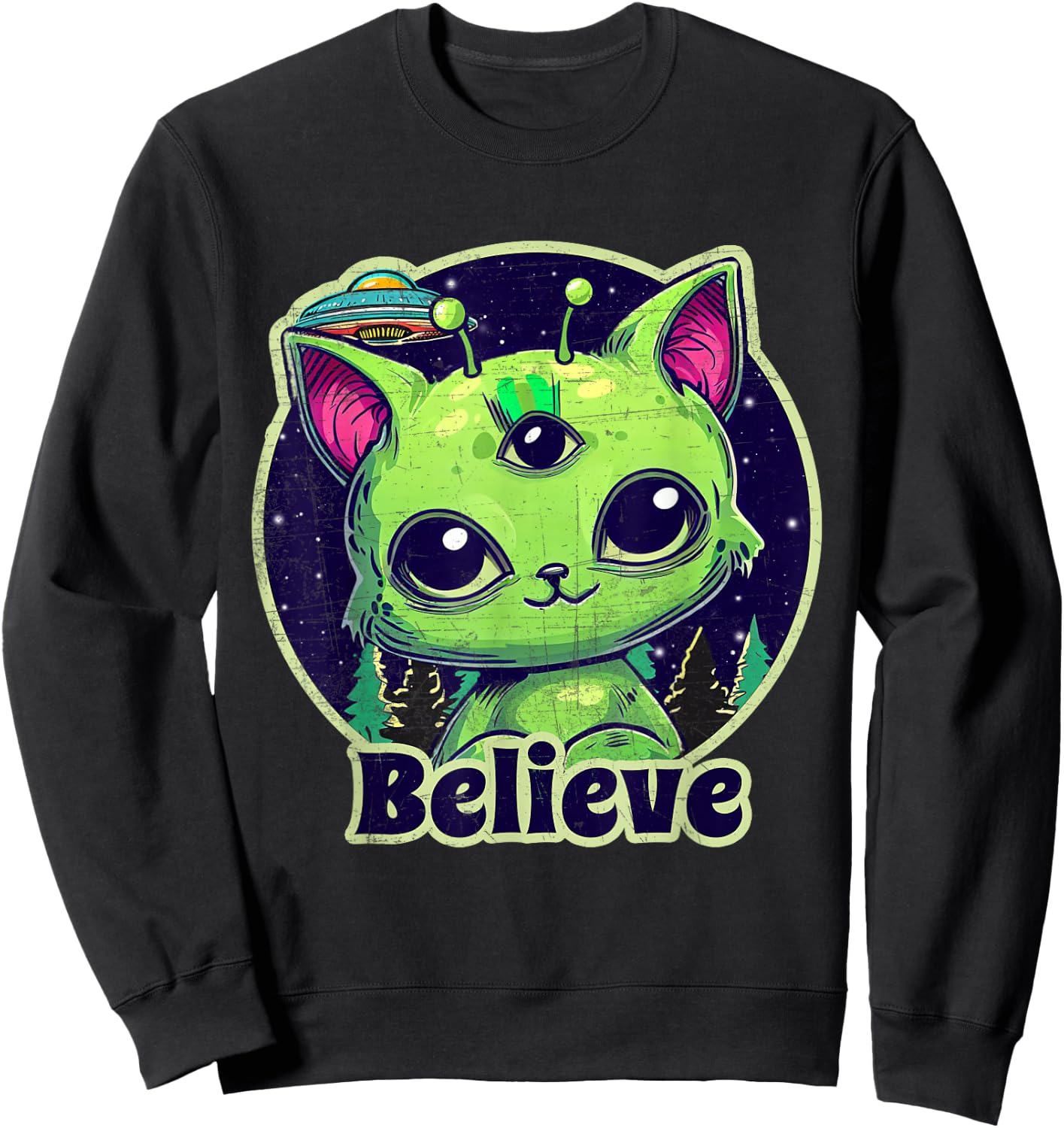 Cute Alien Cat Belive in UFO Kawaii Sweatshirt - Sweatshirt | Black