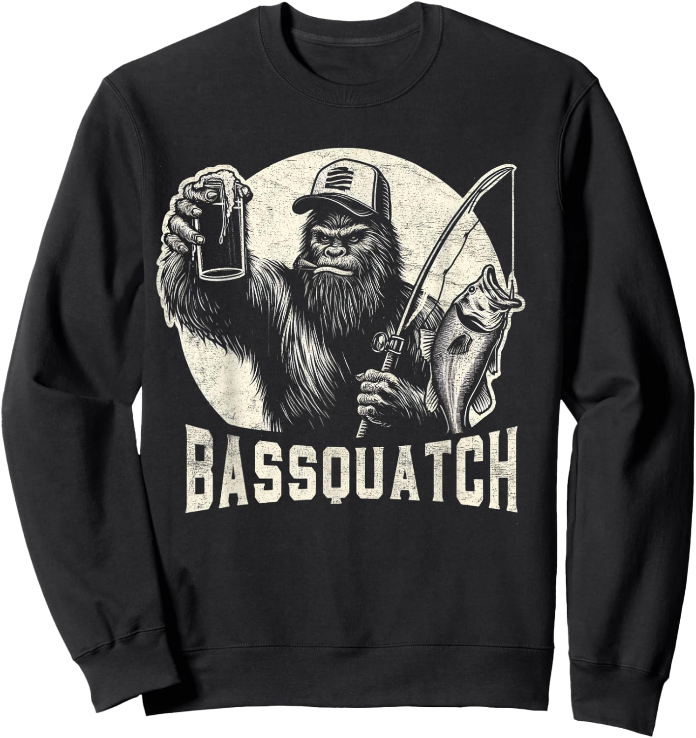 Bassquatch Sasquatch Men's Bass Fishing Bigfoot 80's Vintage Sweatshirt - Sweatshirt | Black