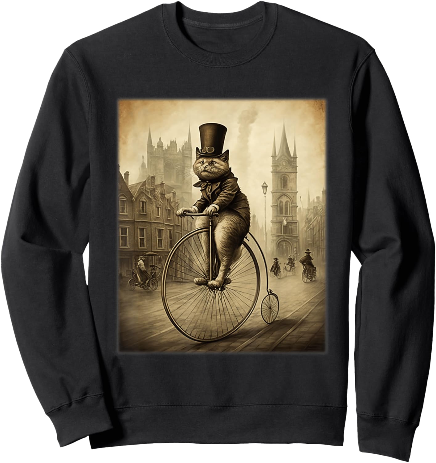 Funny Cat Top Hat Riding Penny Farthing Bicycle Cute Vintage Women Kids Sweatshirt - Sweatshirt | Black