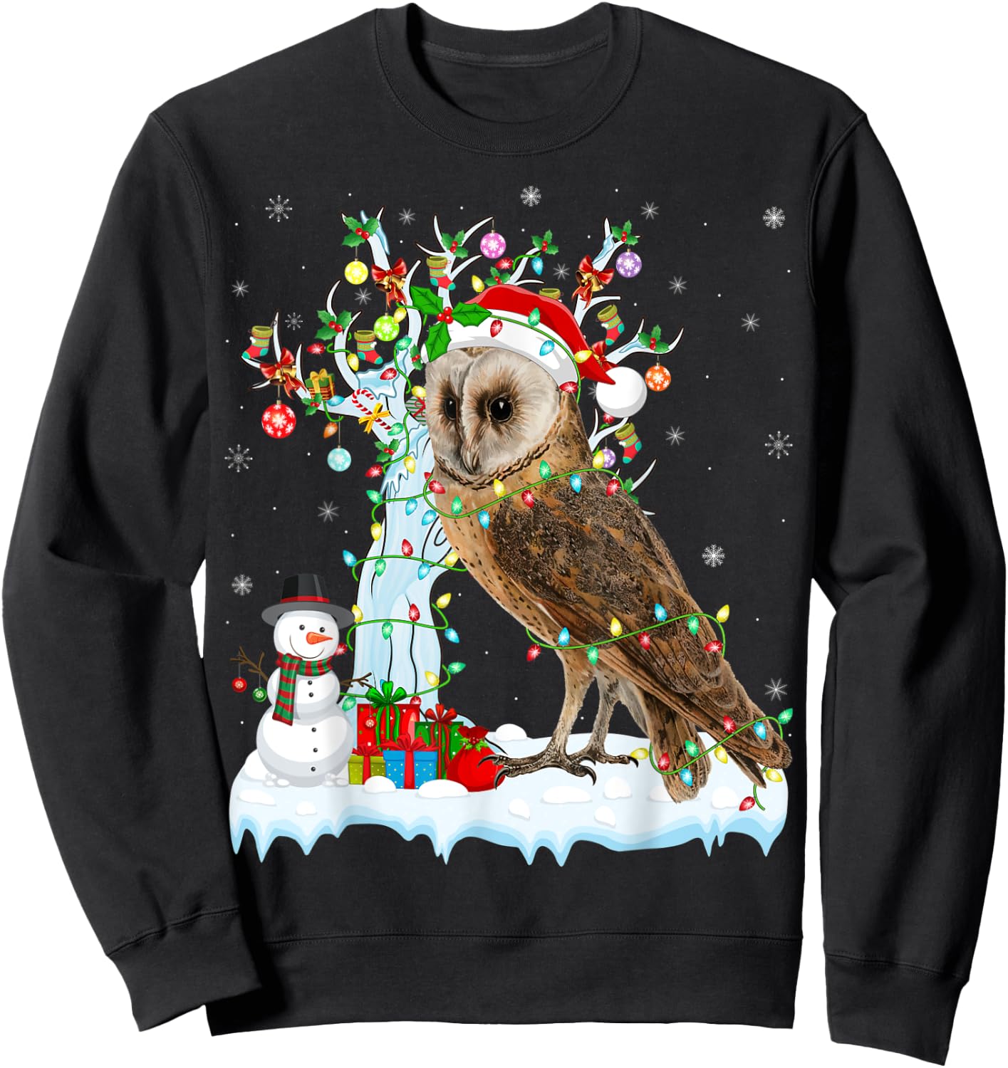 Barn Owl Bird Xmas Element Tree Lighting Barn Owl Christmas Sweatshirt - Sweatshirt | Black
