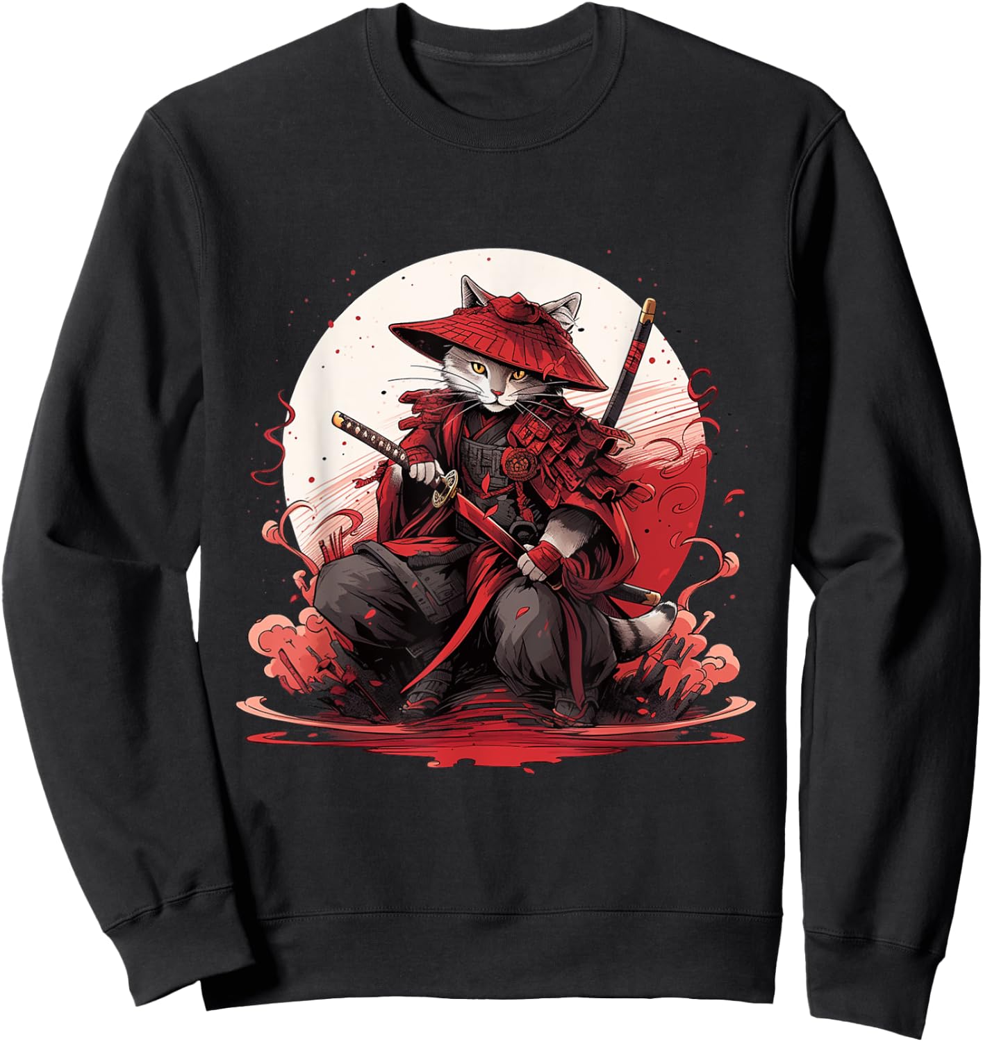Japanese Art Cat Ninja Ukiyo-e Anime Style Samurai Cat Women Girls Kids Sweatshirt - Sweatshirt | Black