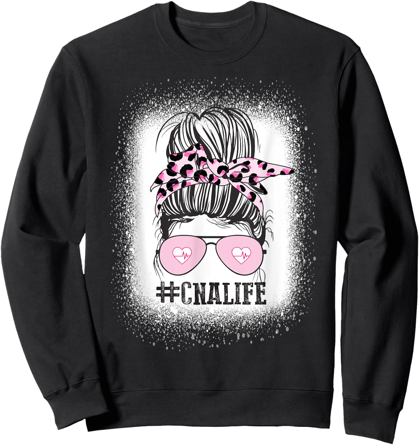 CNA Nurse Life Shirt, Bleached Messy Bun Nurse Leopard Sweatshirt - Sweatshirt | Black