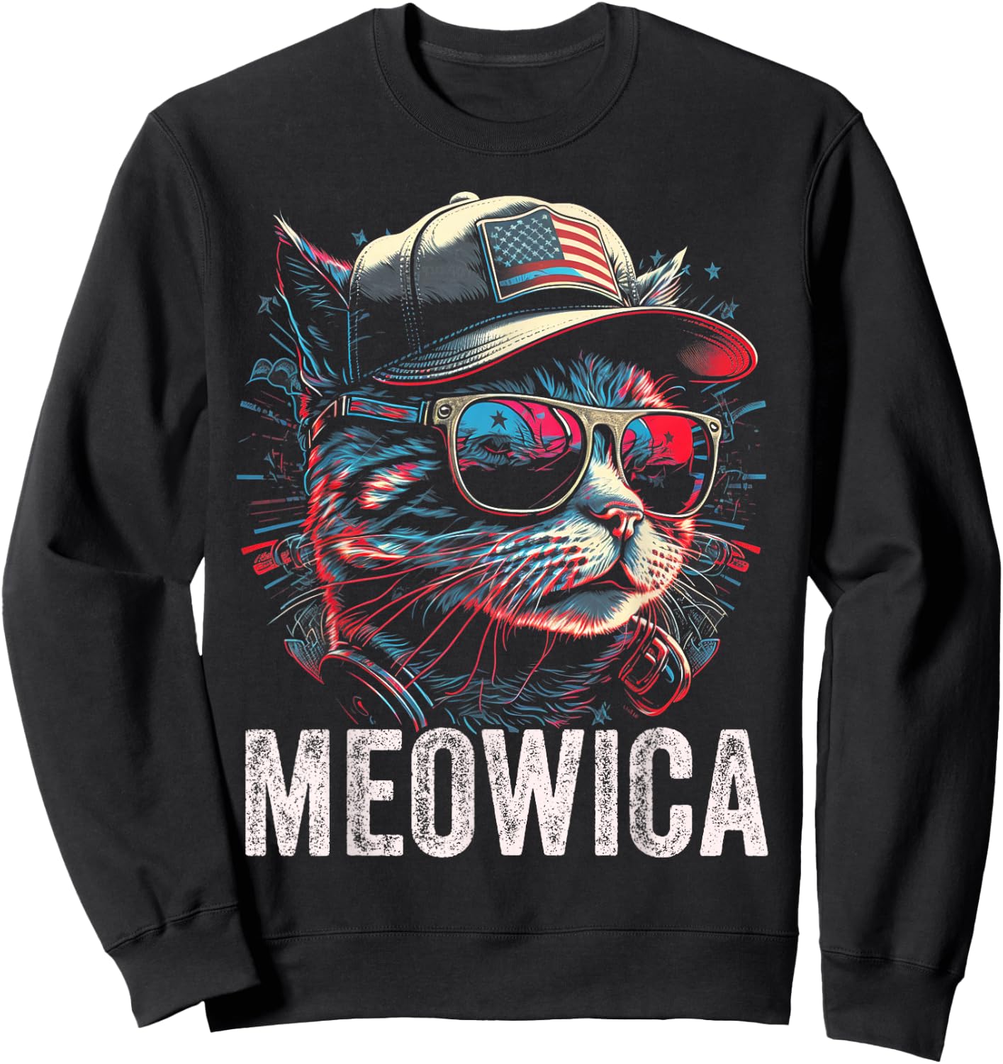 Meowica 4th of July Cat American Flag America USA Funny Sweatshirt - Sweatshirt | Black