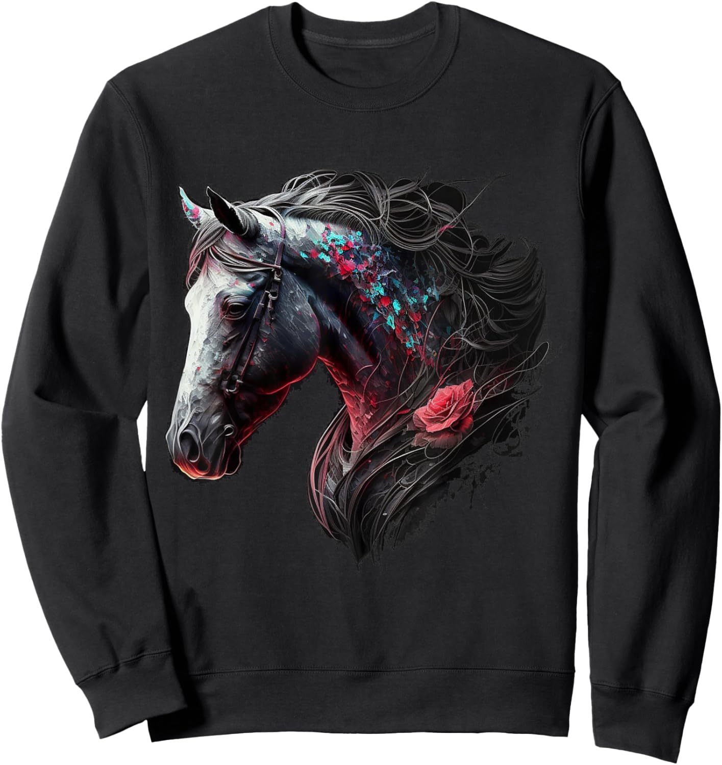 Horse Colourful Flowers Art Animal Print Horse Motif Sweatshirt - Sweatshirt | Black