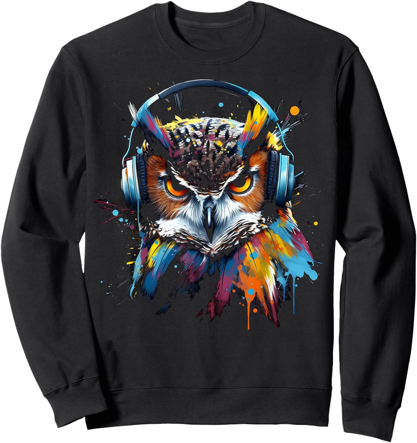 Owl Music Colourful Bird Headphones Art Animal Owl Sweatshirt - Sweatshirt | Black