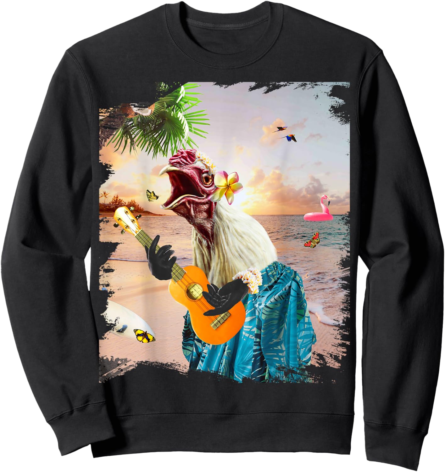 Aloha Hawaiian Chicken Playing Ukulele Beach Funny Sweatshirt - Sweatshirt | Black