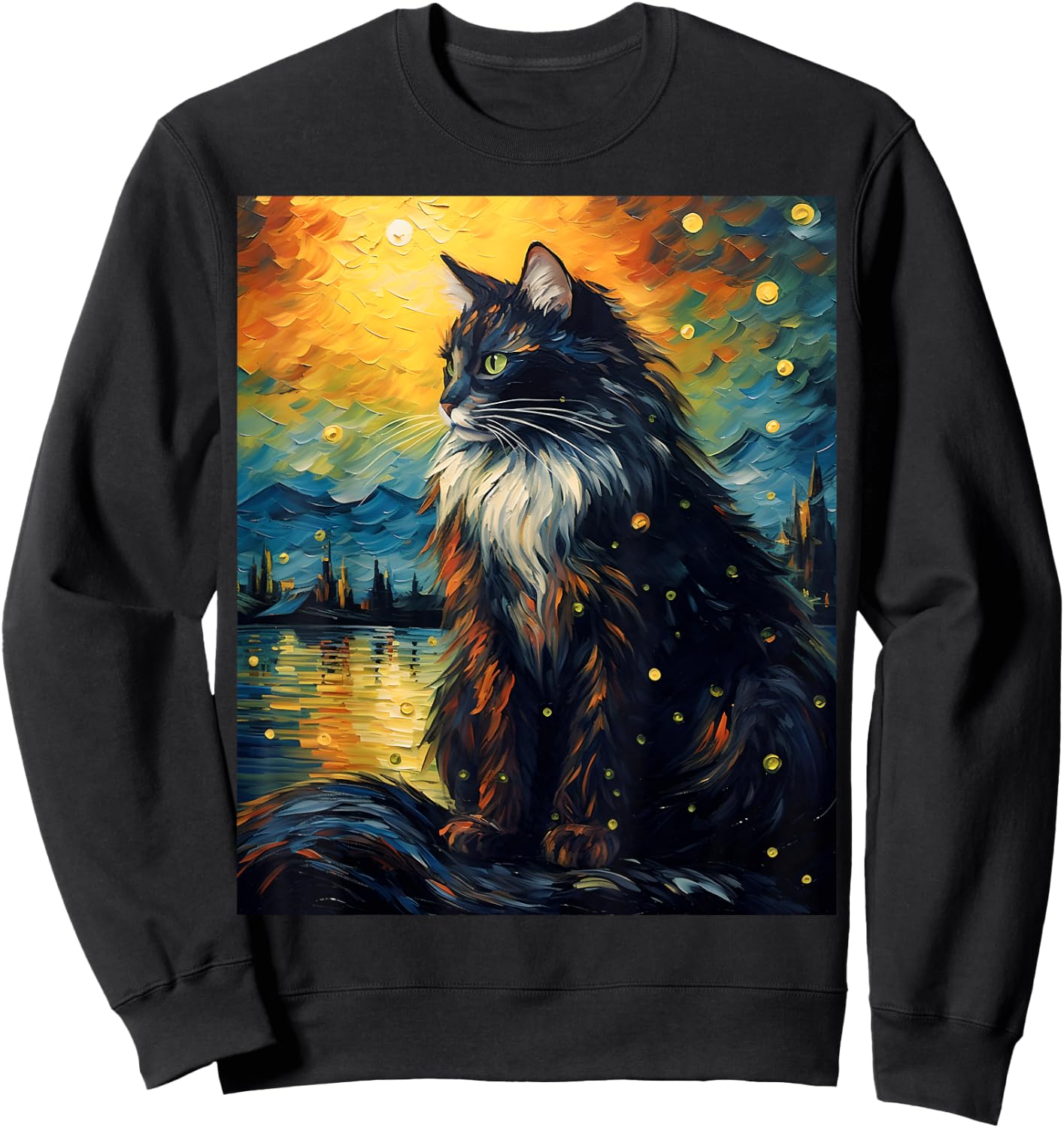 Surreal Starry Night Norwegian Forest Cat Men Women Girls Kids Sweatshirt - Sweatshirt | Black