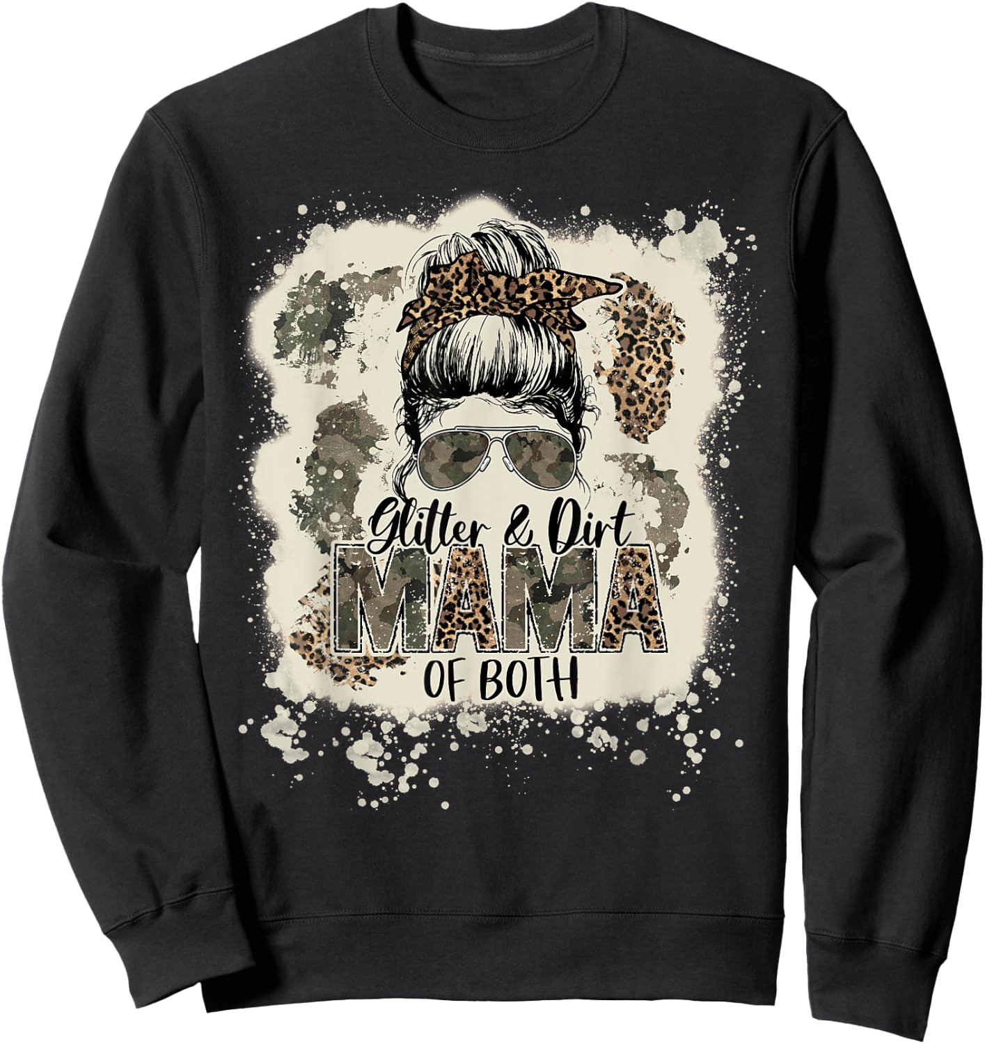 Glitter & Dirt Mama Of Both Leopard Camo Messy Bun Bleached Sweatshirt - Sweatshirt | Black